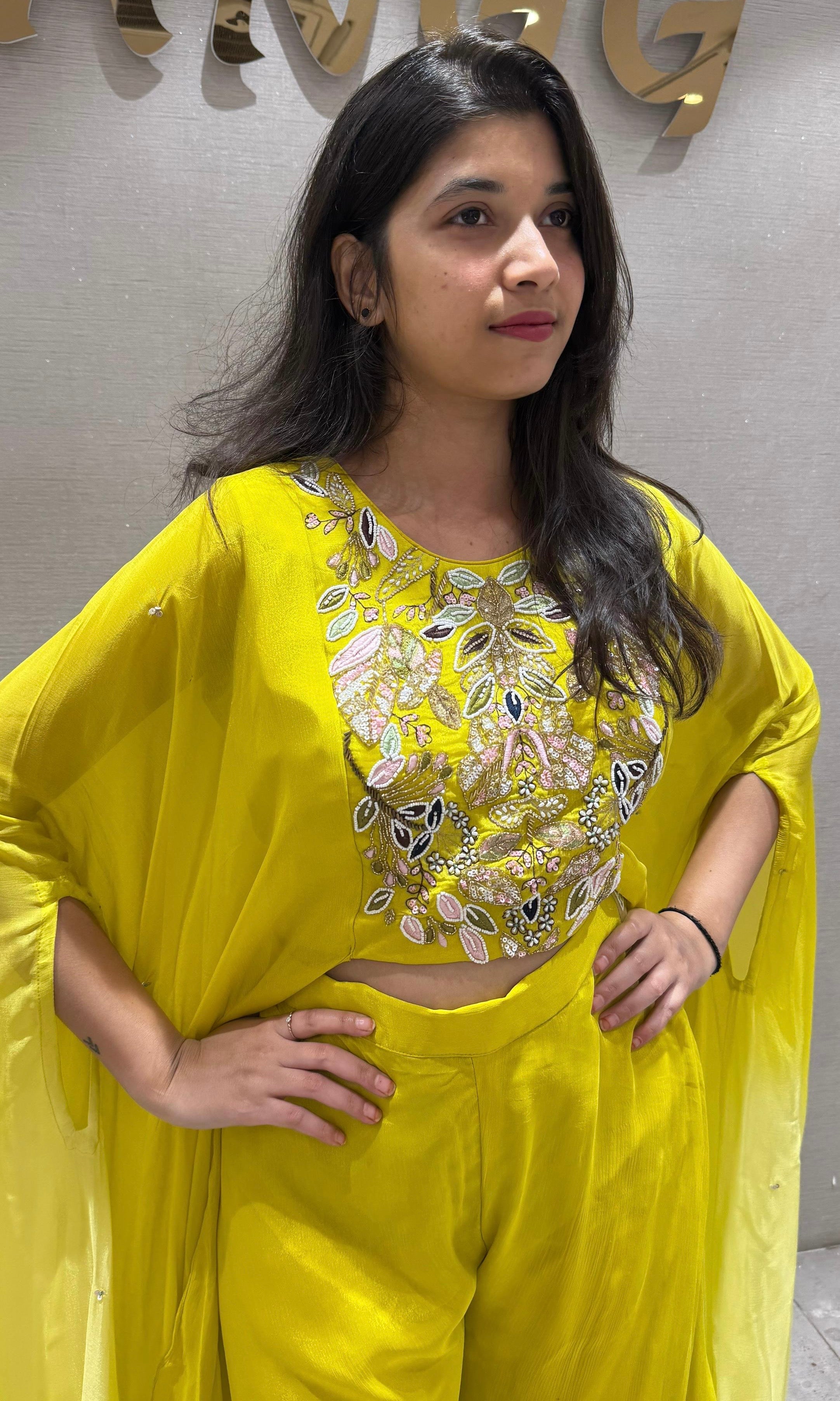 Yellow embroidered palazzo with a cape