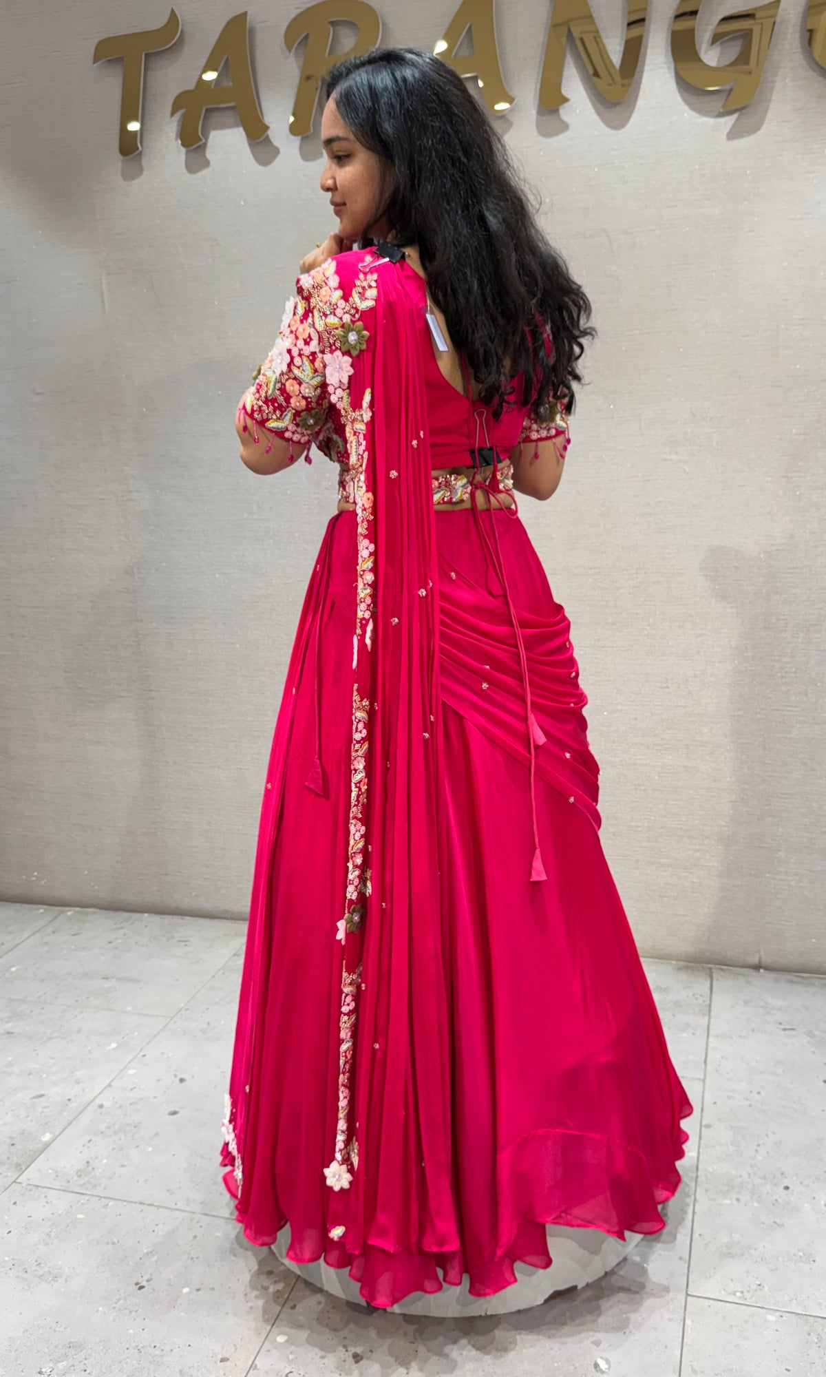 Fuchsia Georgette Pink Draped Saree with Embroidered Silk Blouse & Belt