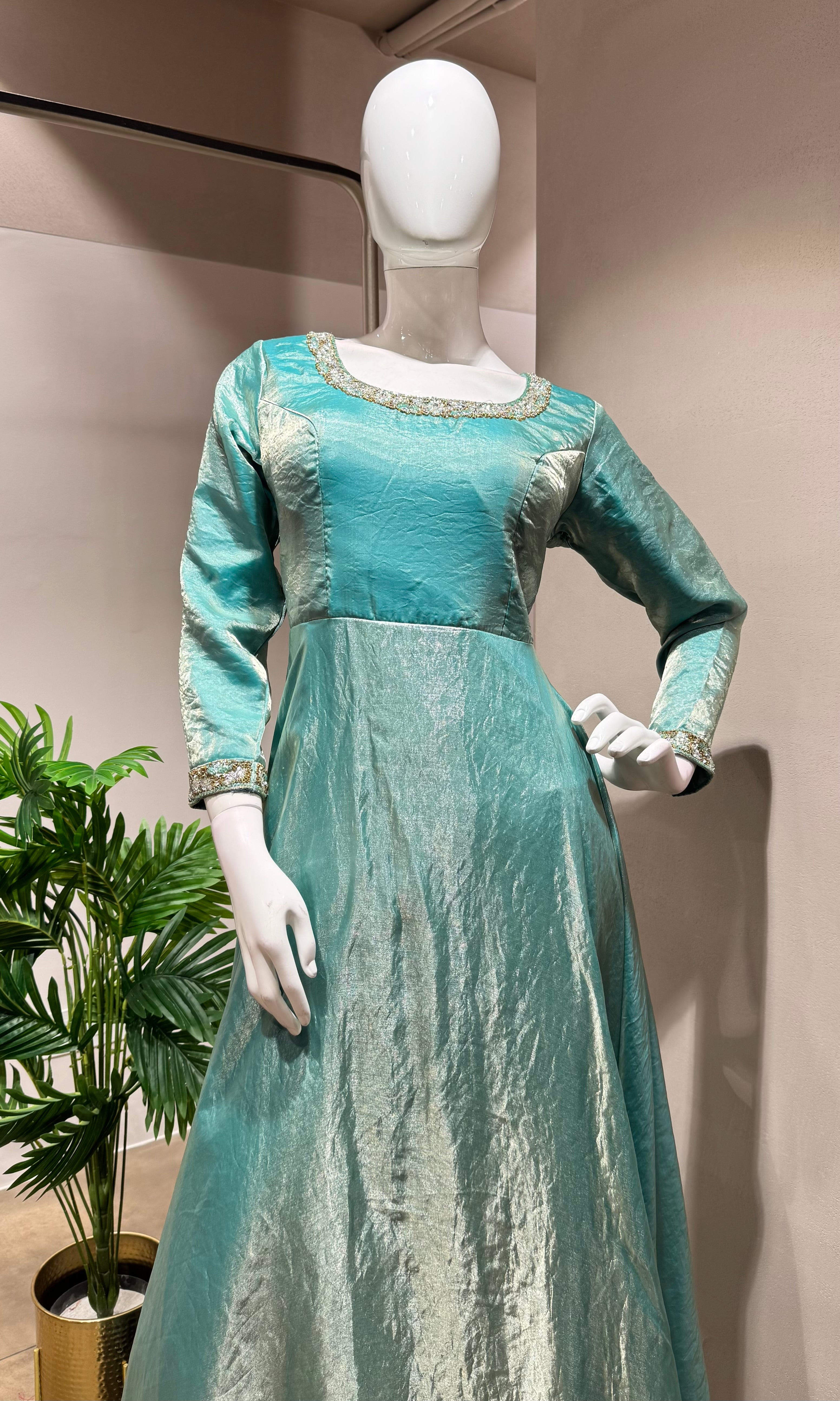 SEA GREEN TISSUE CRYSTAL WORK ANARKALI