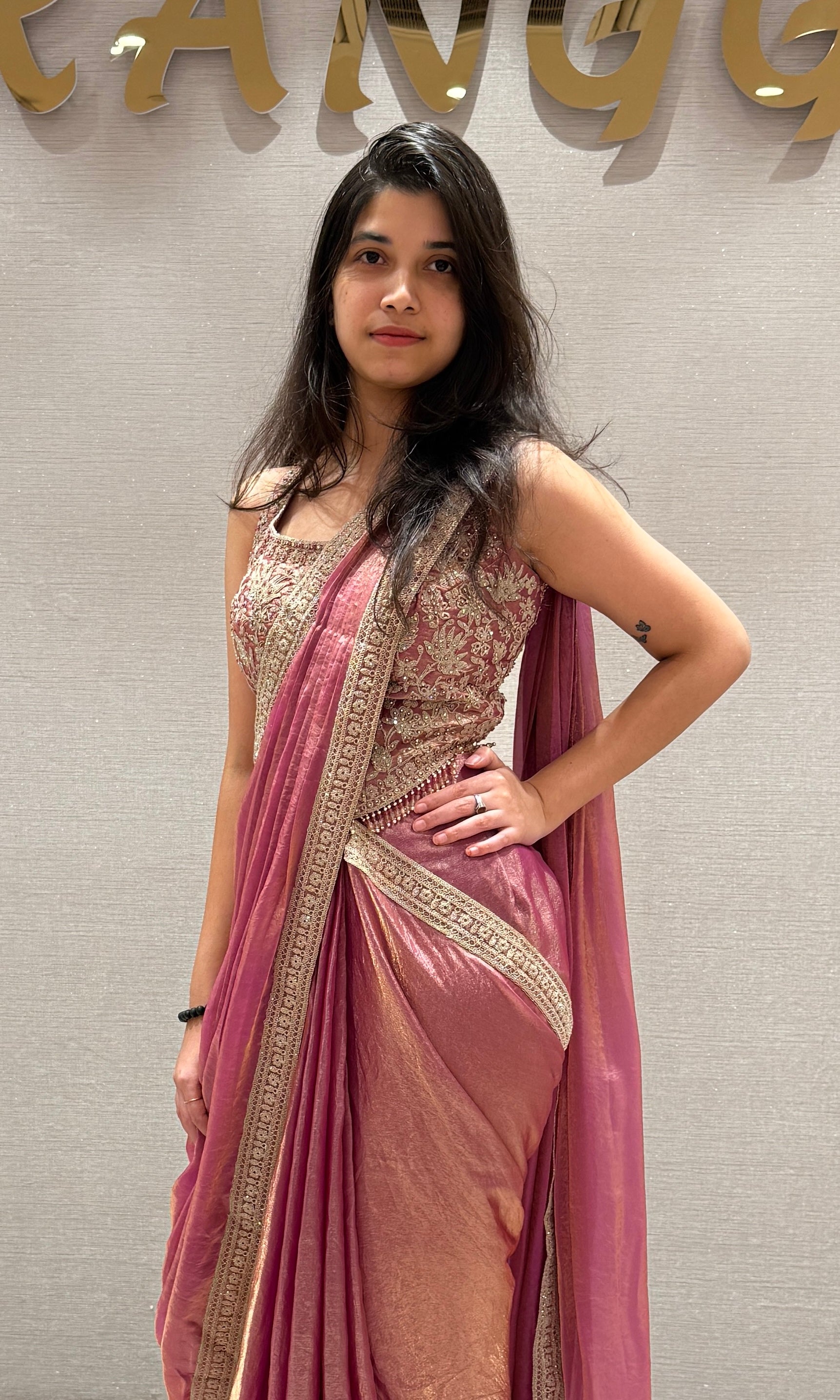 Light Blush Pink and Golden drape saree