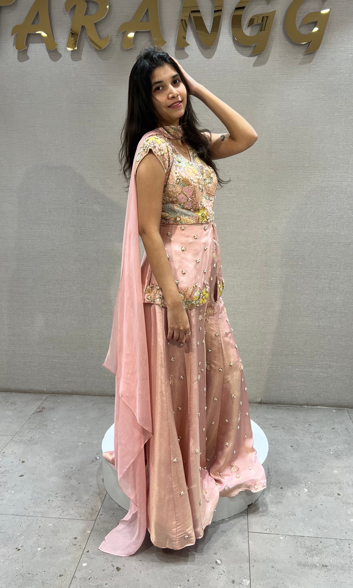 Blush Pink Satin Floral Embroidered Palazzo Set
