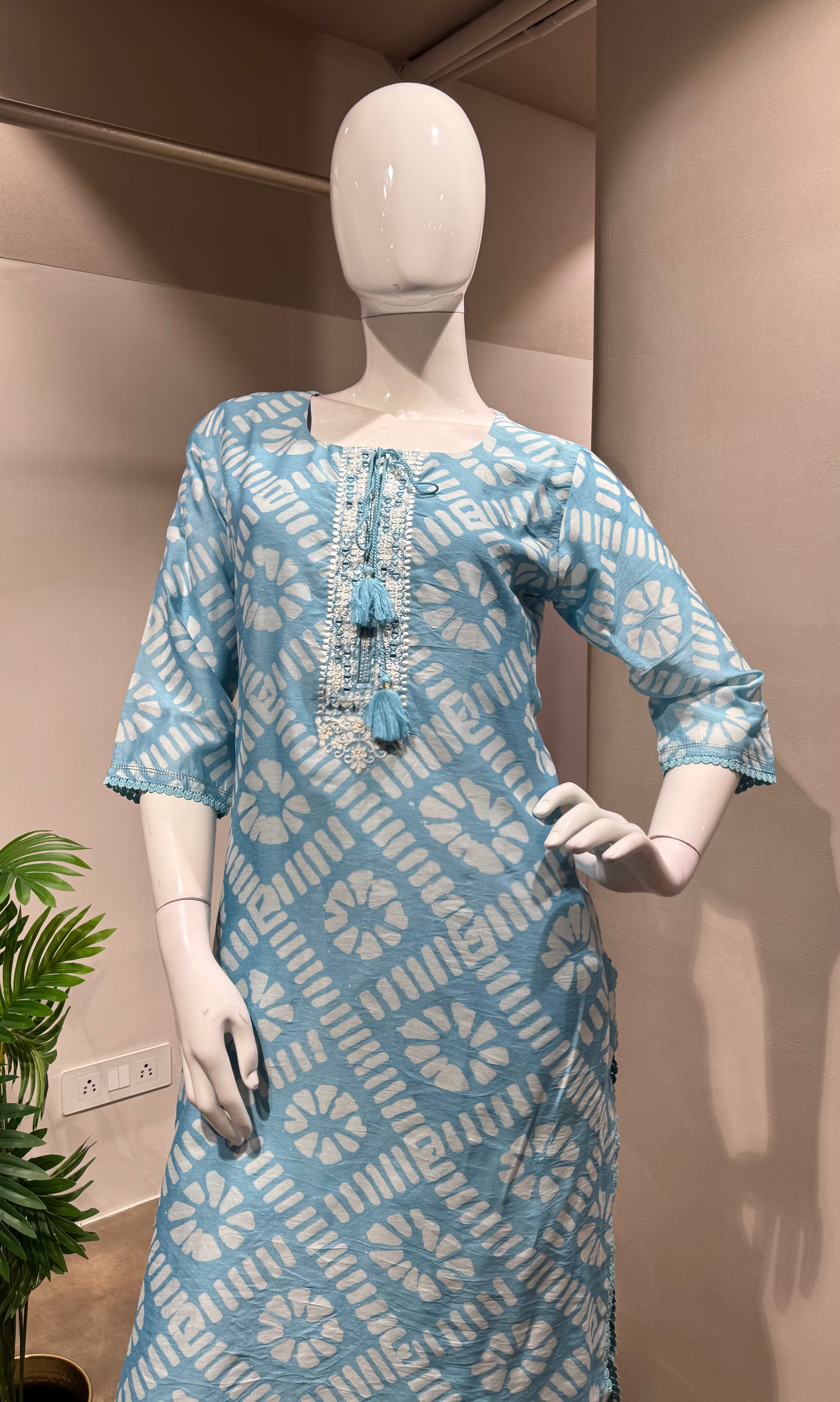 BLUE PRINTED EMBROIDERED KURTA SET