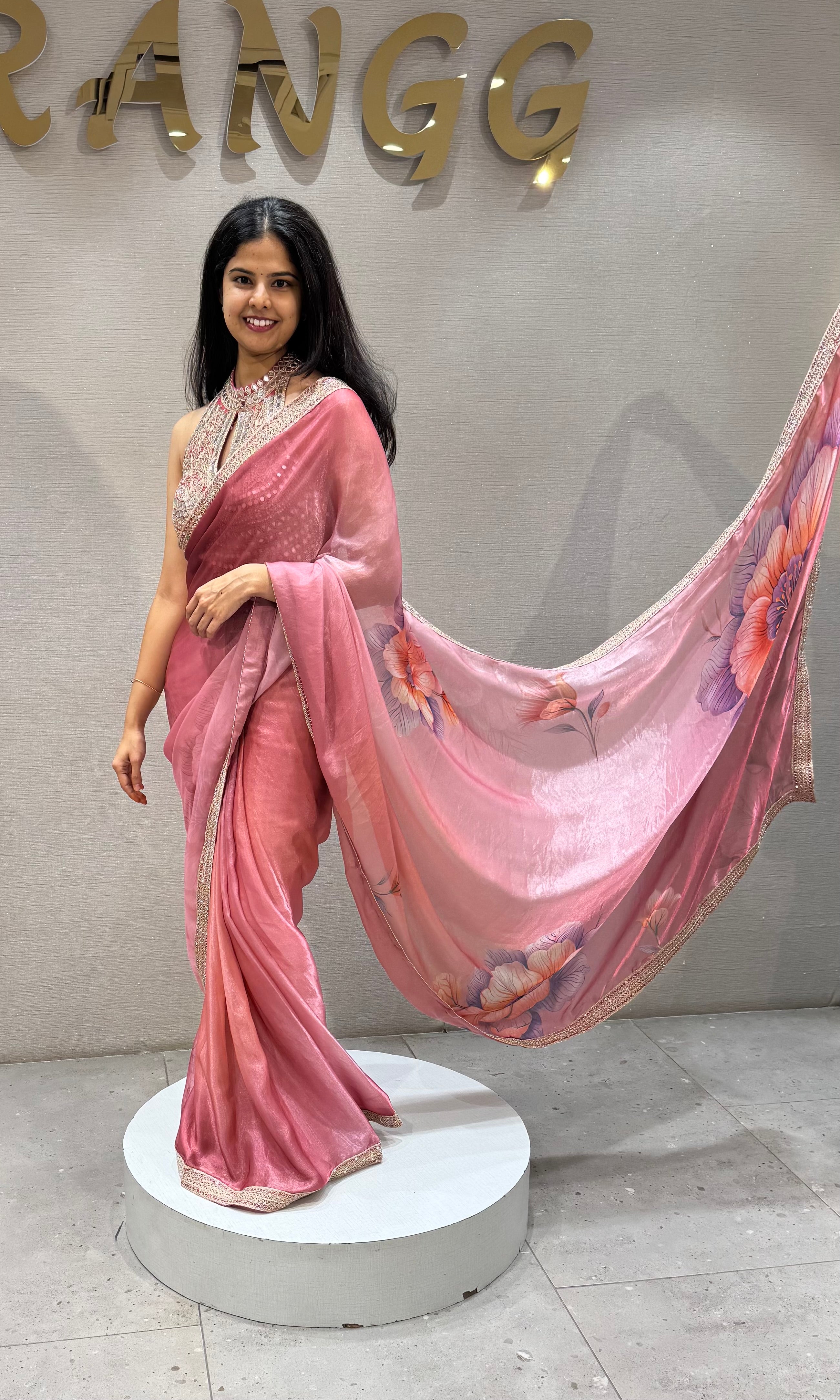 Blush Pink Satin Organza Floral Saree with Scalloped Border