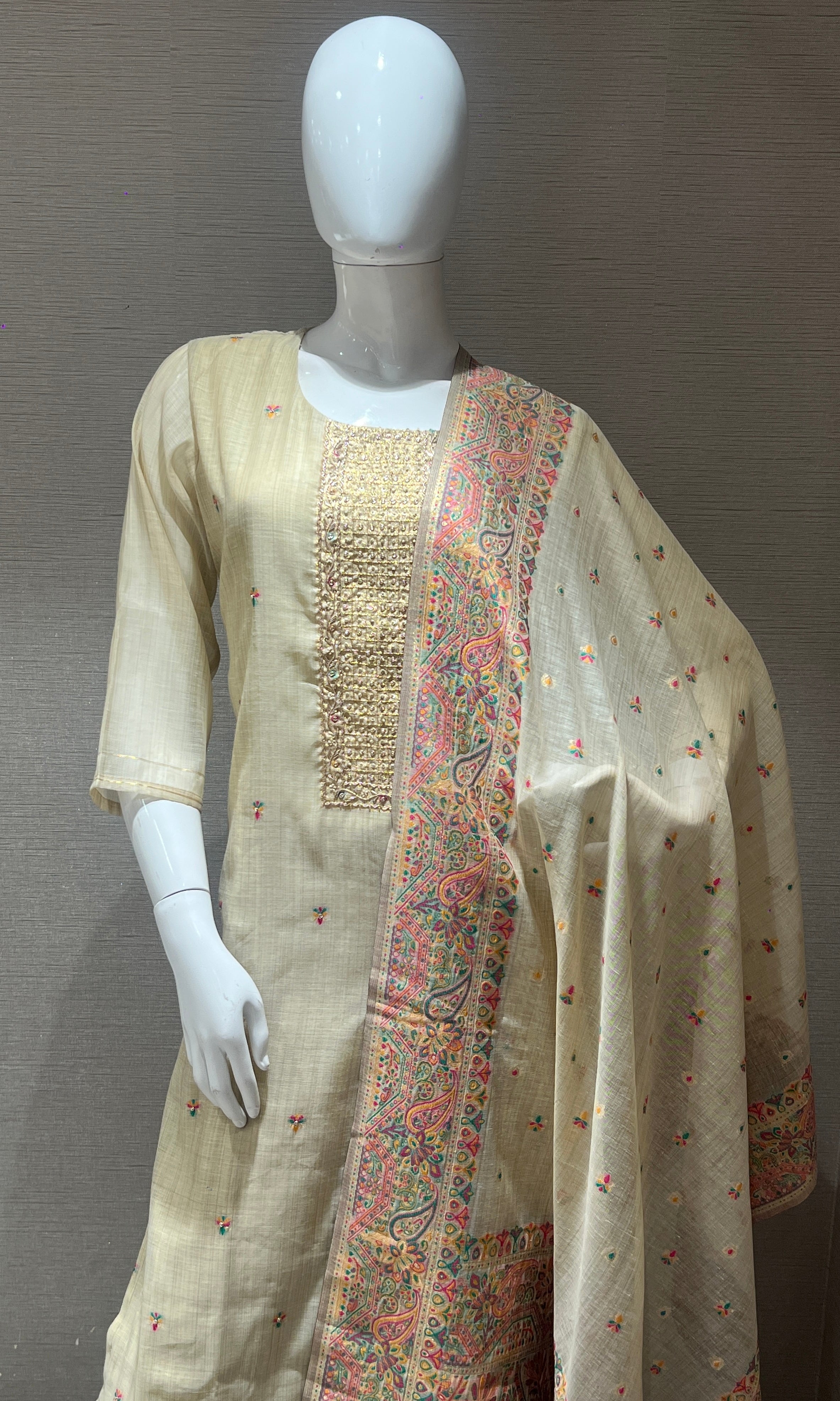 Cream Embroidered Kurta Set with Floral Dupatta
