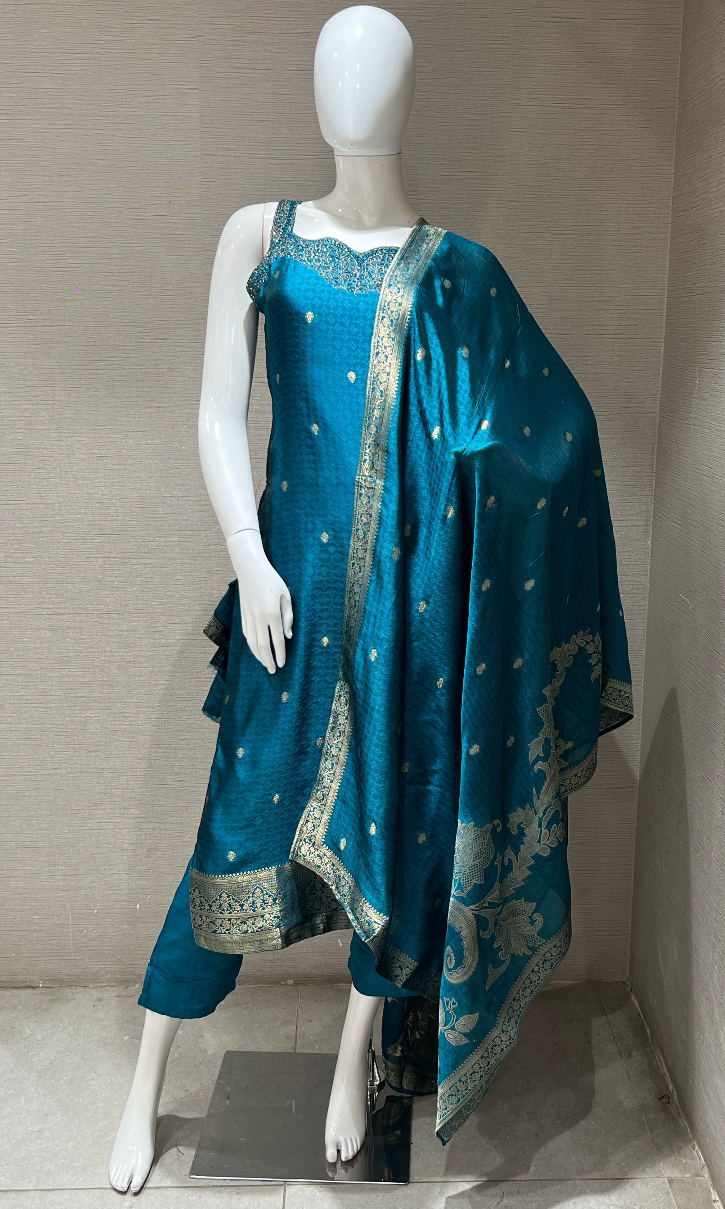 Peacock blue silk kurta set