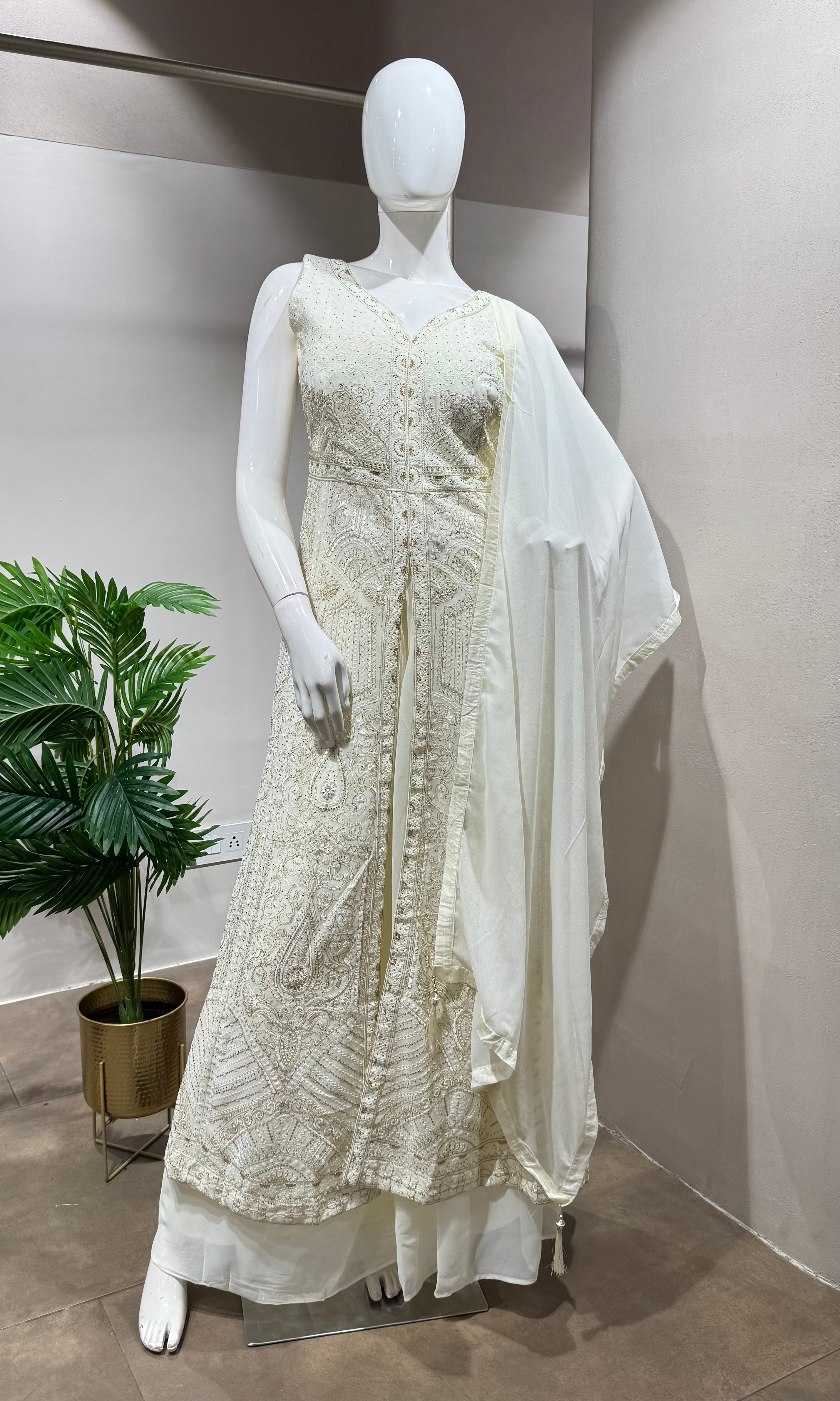 CREAM FRONT SLIT ANARKALI & PALAZZO SET