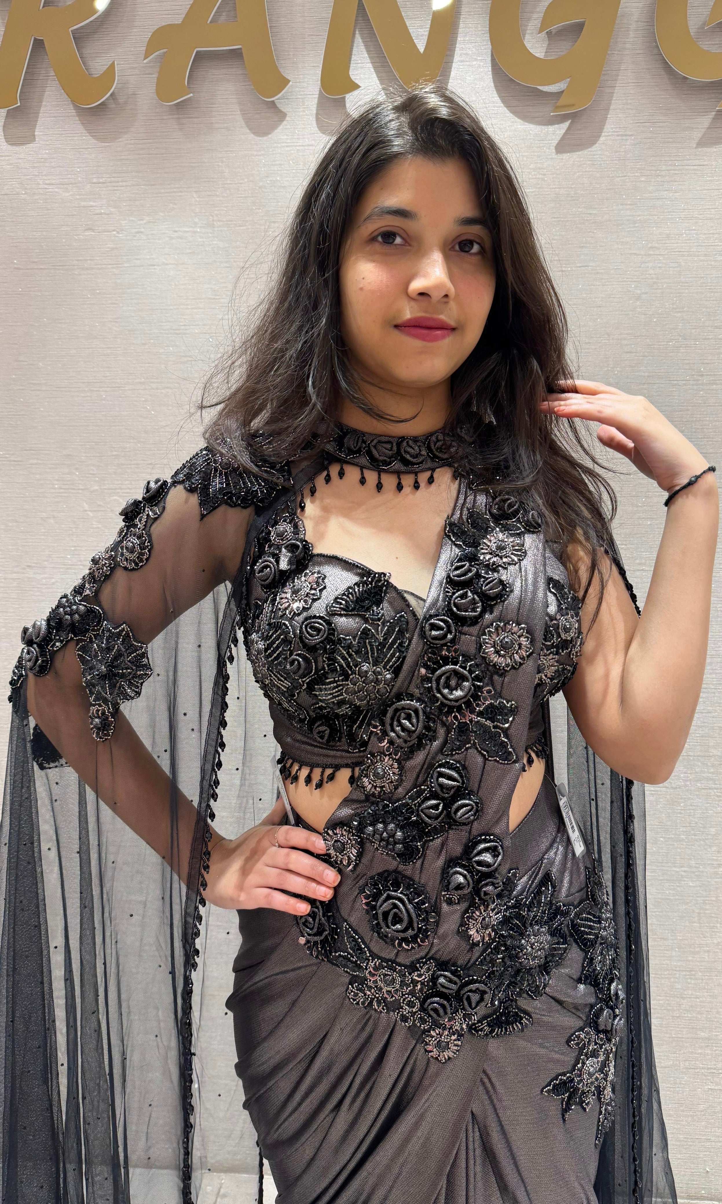 Black sequin drape saree with sheer cape