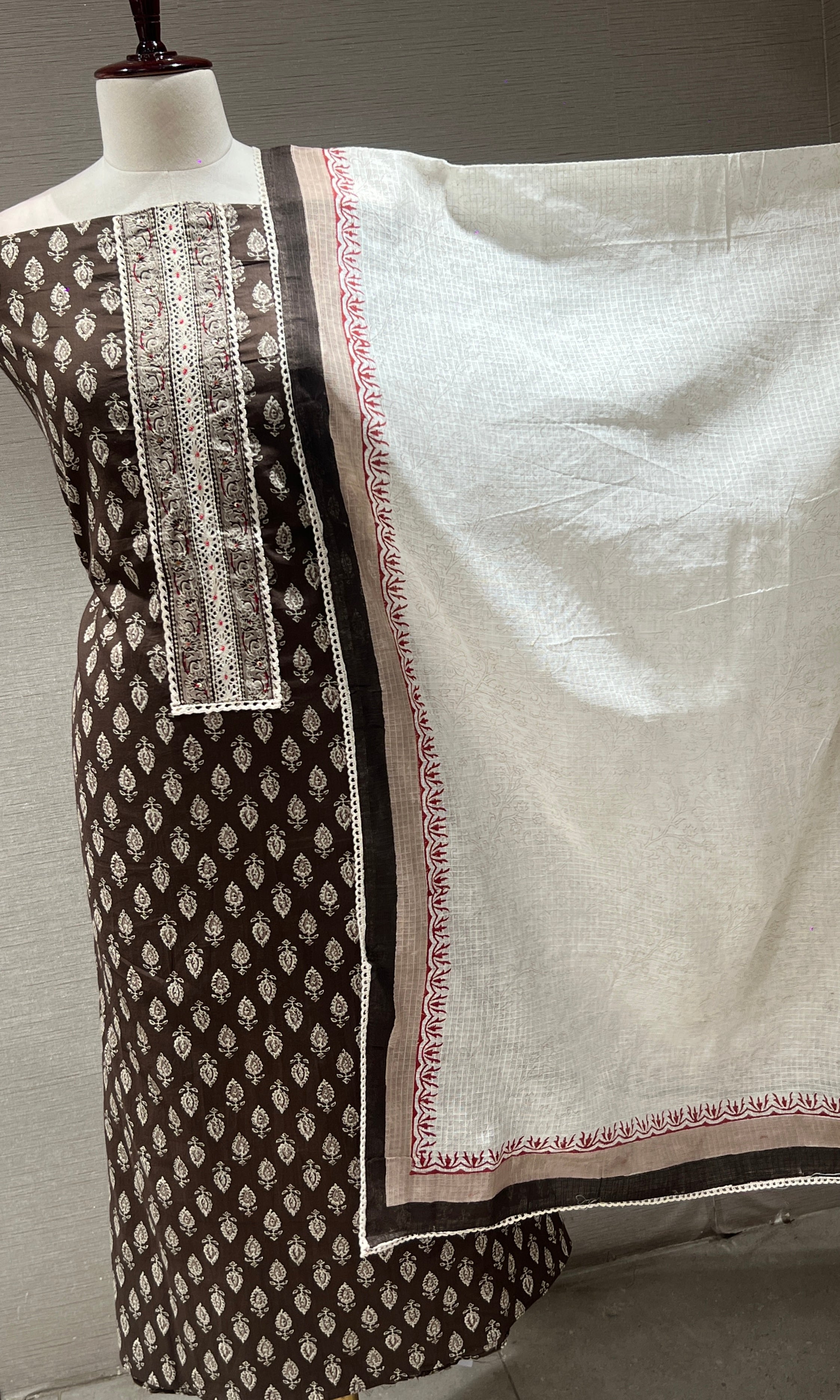 Elegant Brown and White print dress material