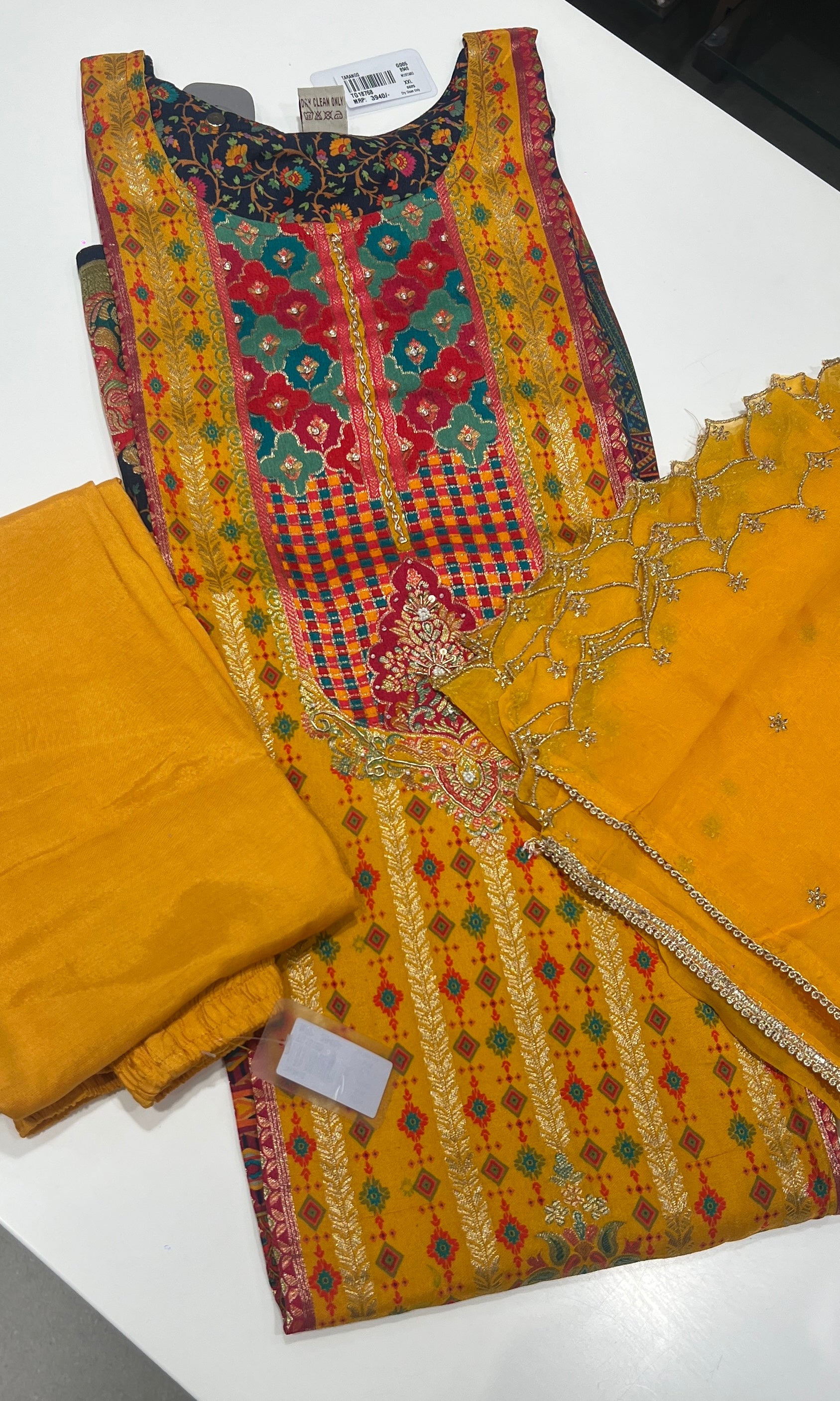 Mustard Multicolour Embroidered kurta set