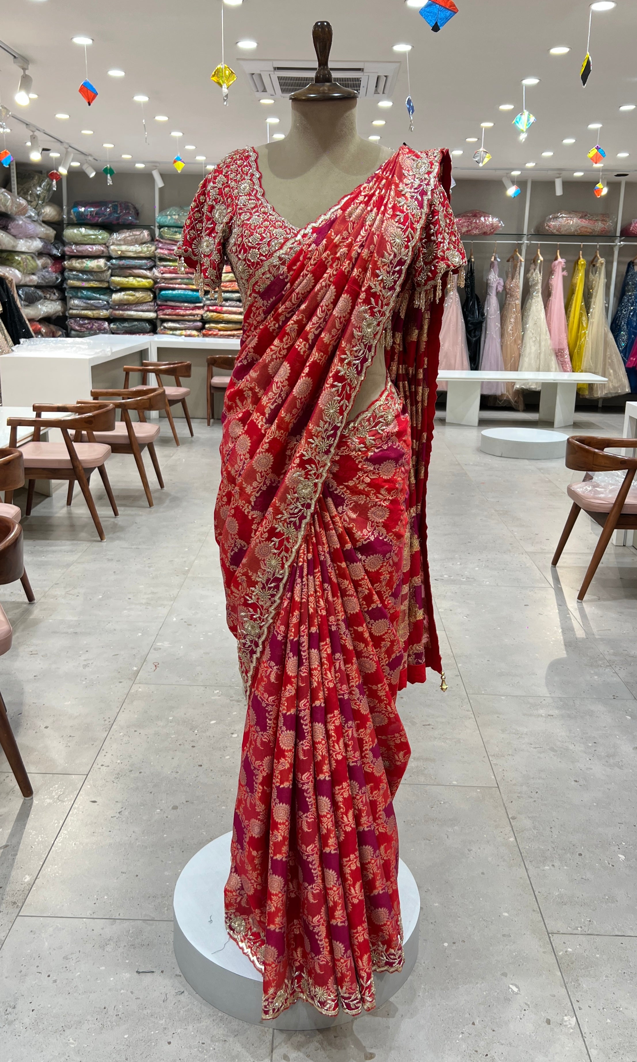 Red designer banarai saree with ready blouse