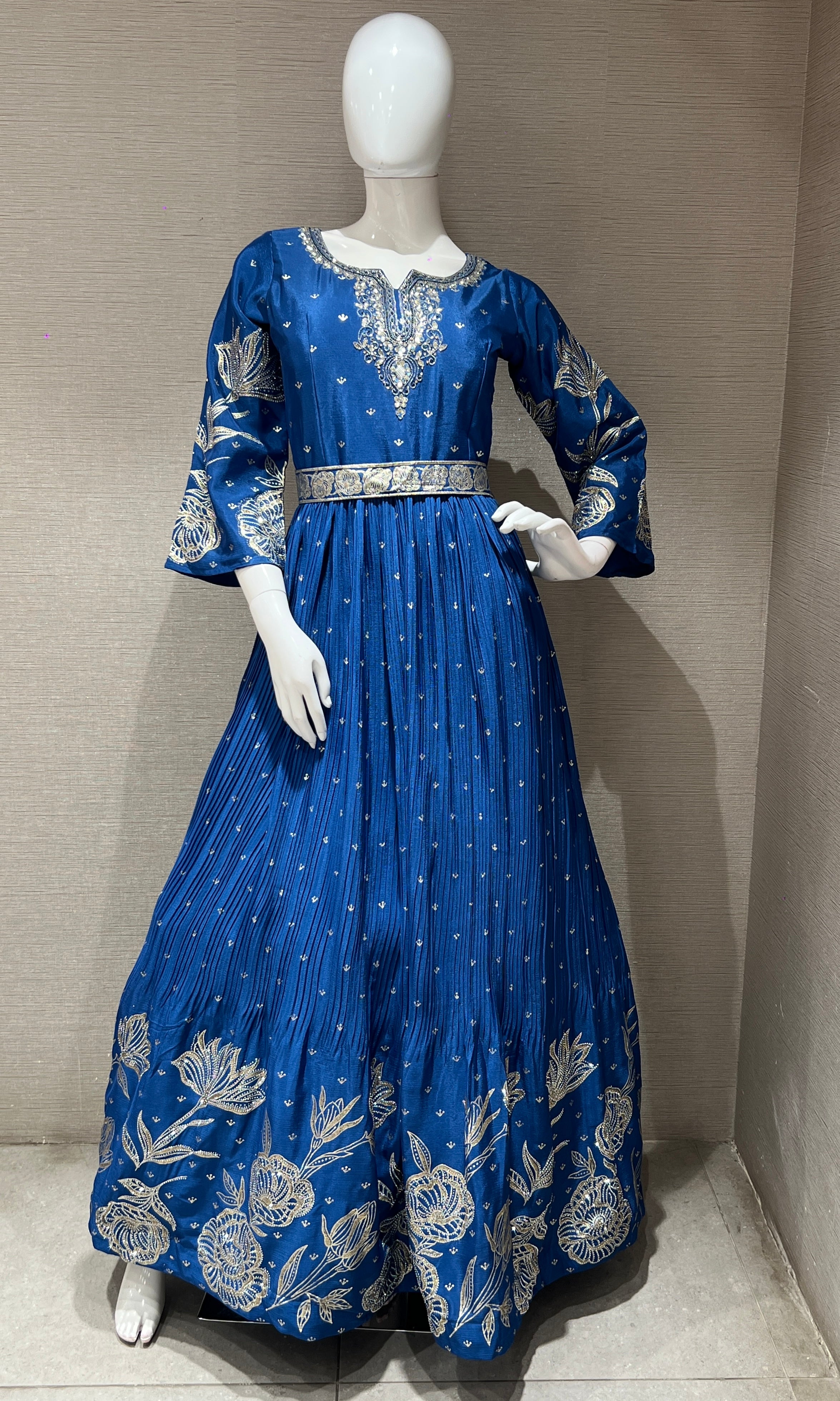 Dark Blue long anarkali with gold embroidered