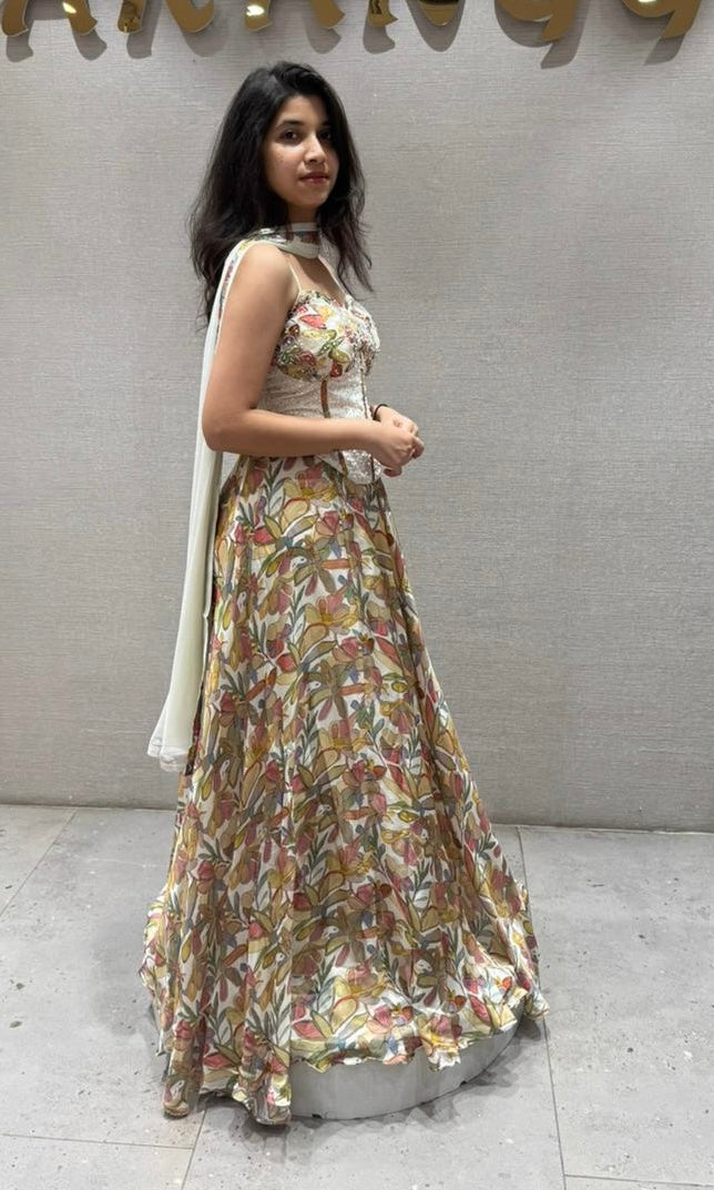 FLORAL LEHENGA WITH WHITE CORSET BLOUSE