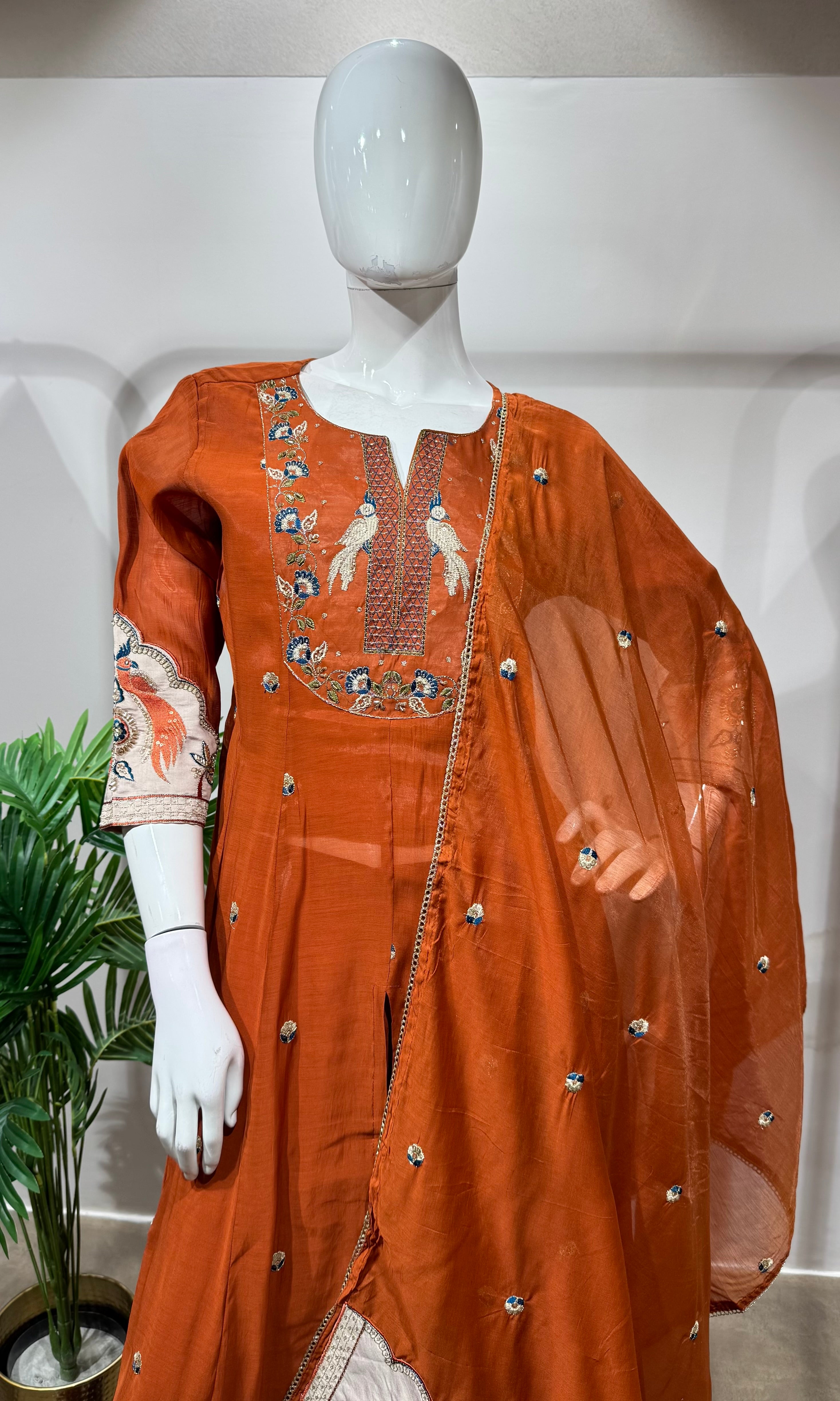 Rust embroidered Anarkali with palazzo pants