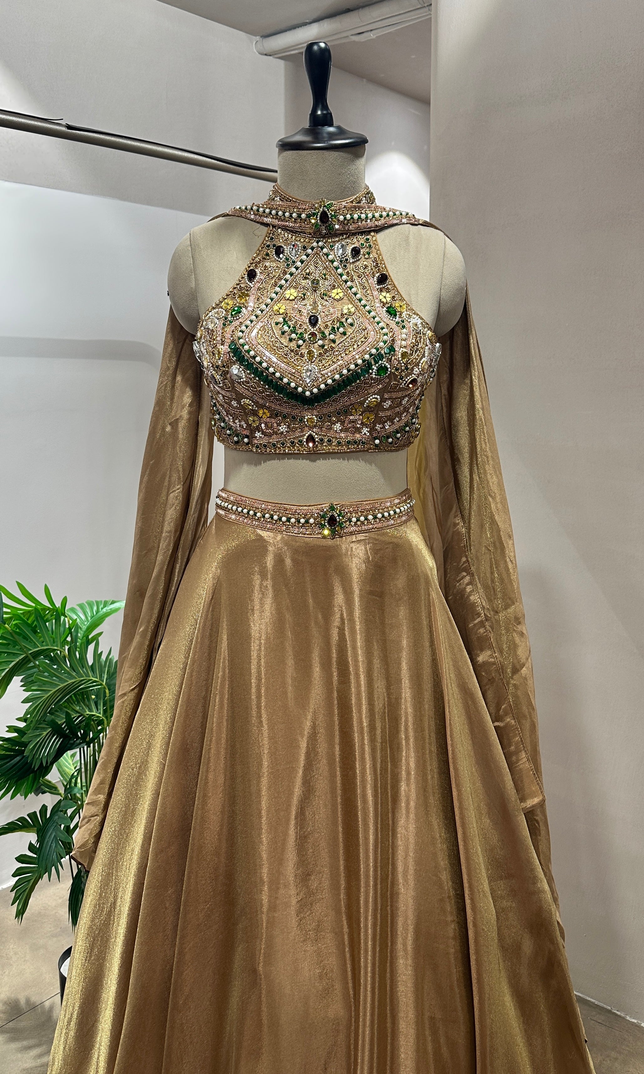 Golden lehenga with embellished halter neck