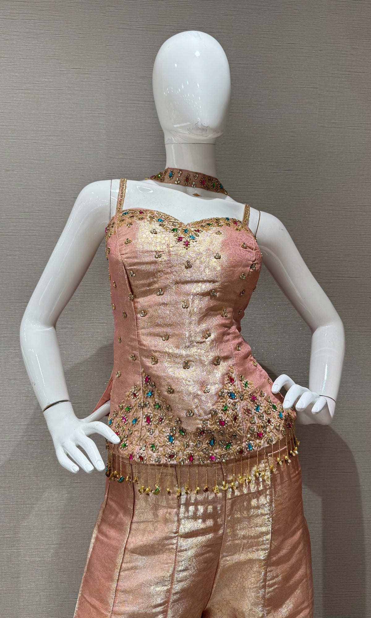 Peach Shimmer Corset Top and Stoned Palazzo Set