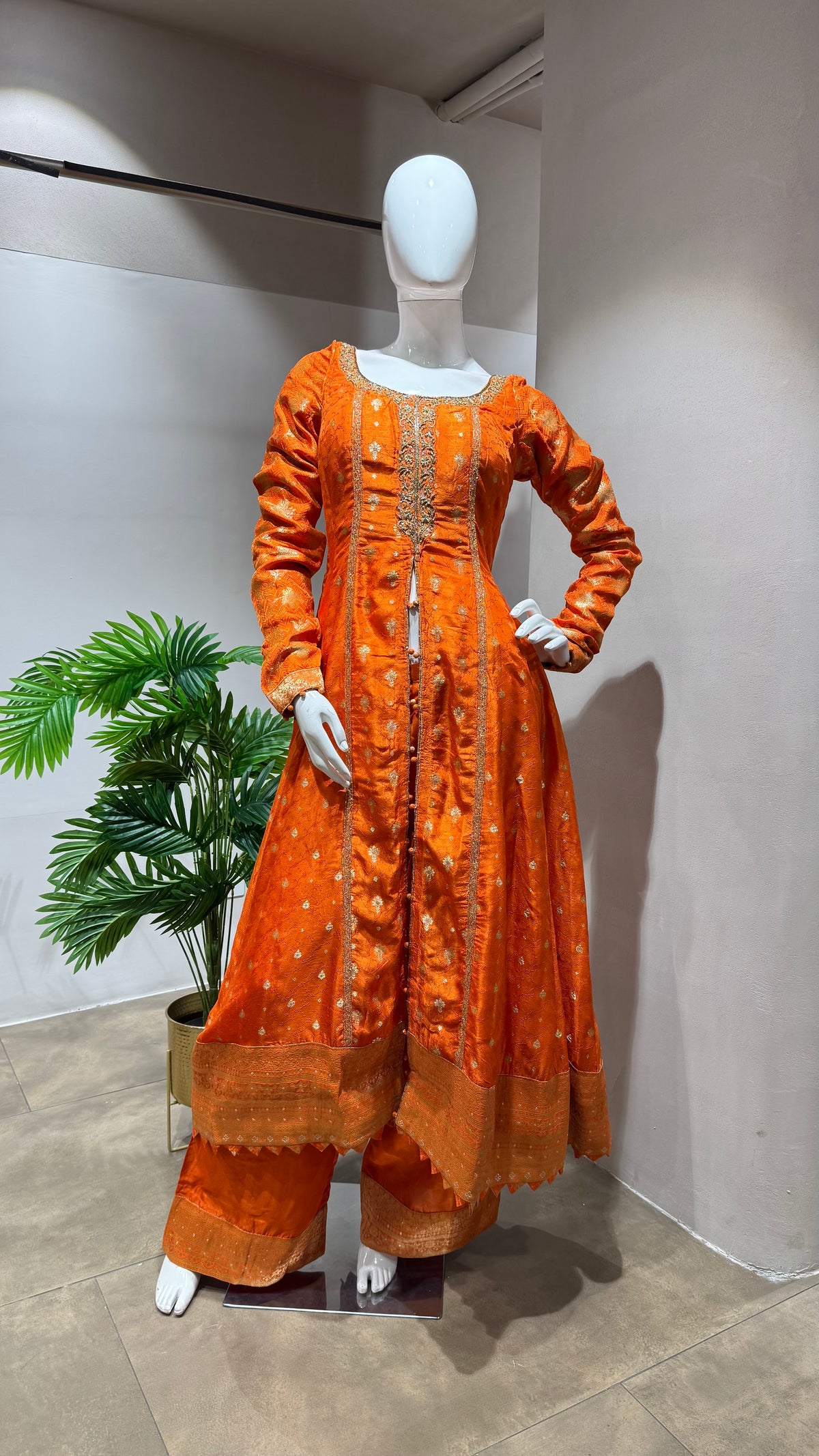 ORANGE GOLDEN ANARKALI WITH PALAZZO PANTS