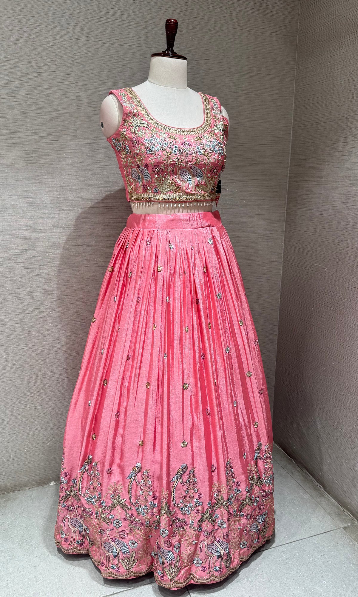 blush Pink Tissue silk Forest Floral Lehenga set