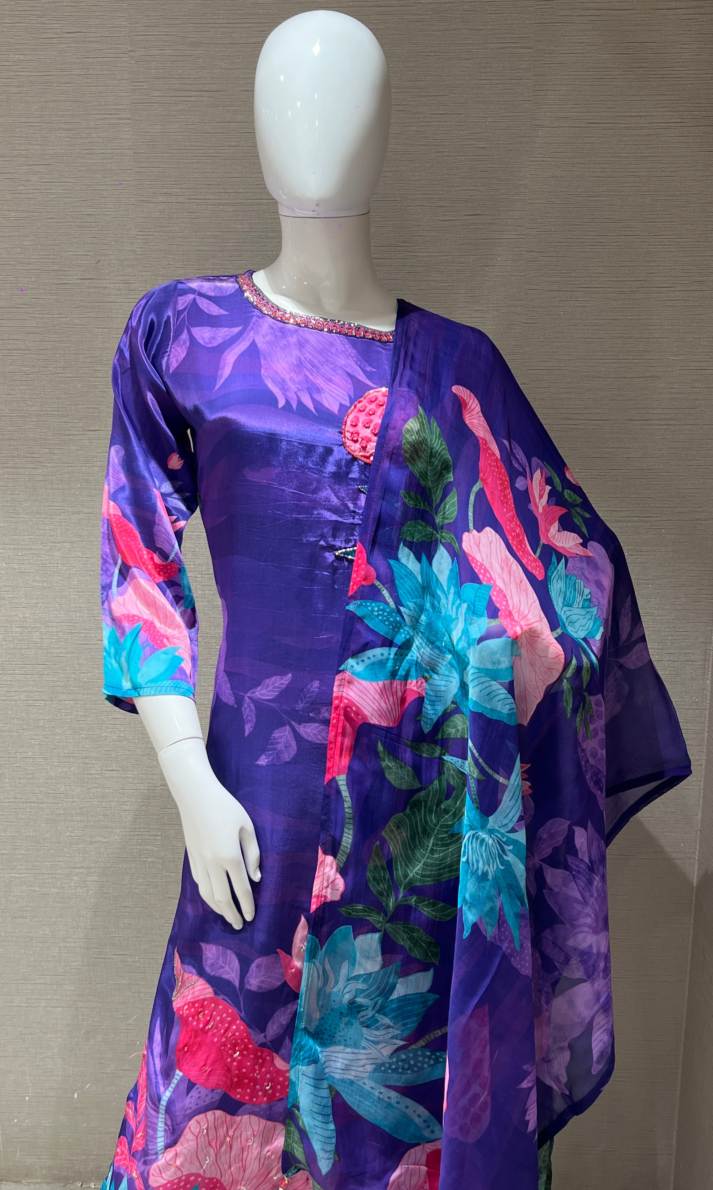 silk purple printed kurta set