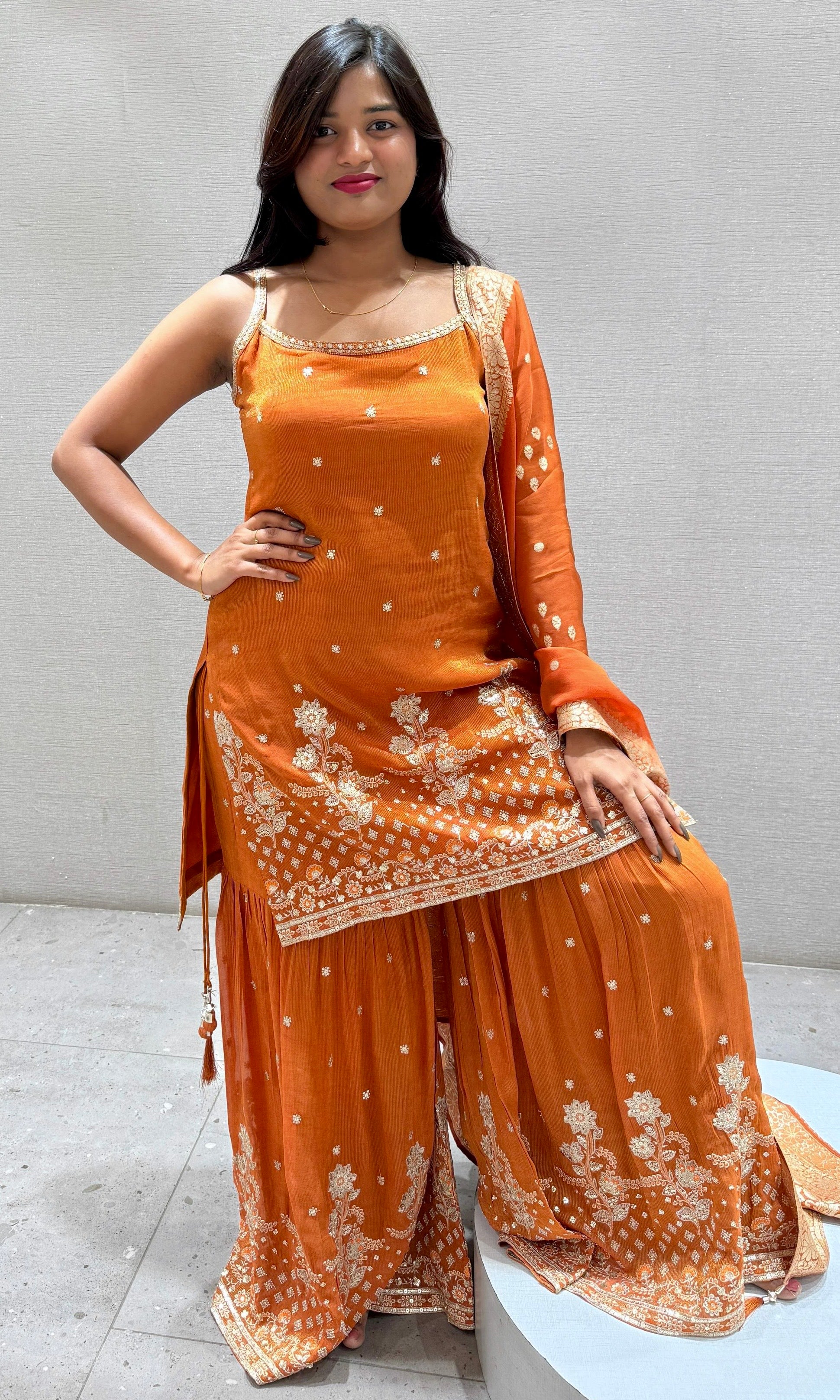 Rust Orange Embroidered Sharara Set with Dupatta
