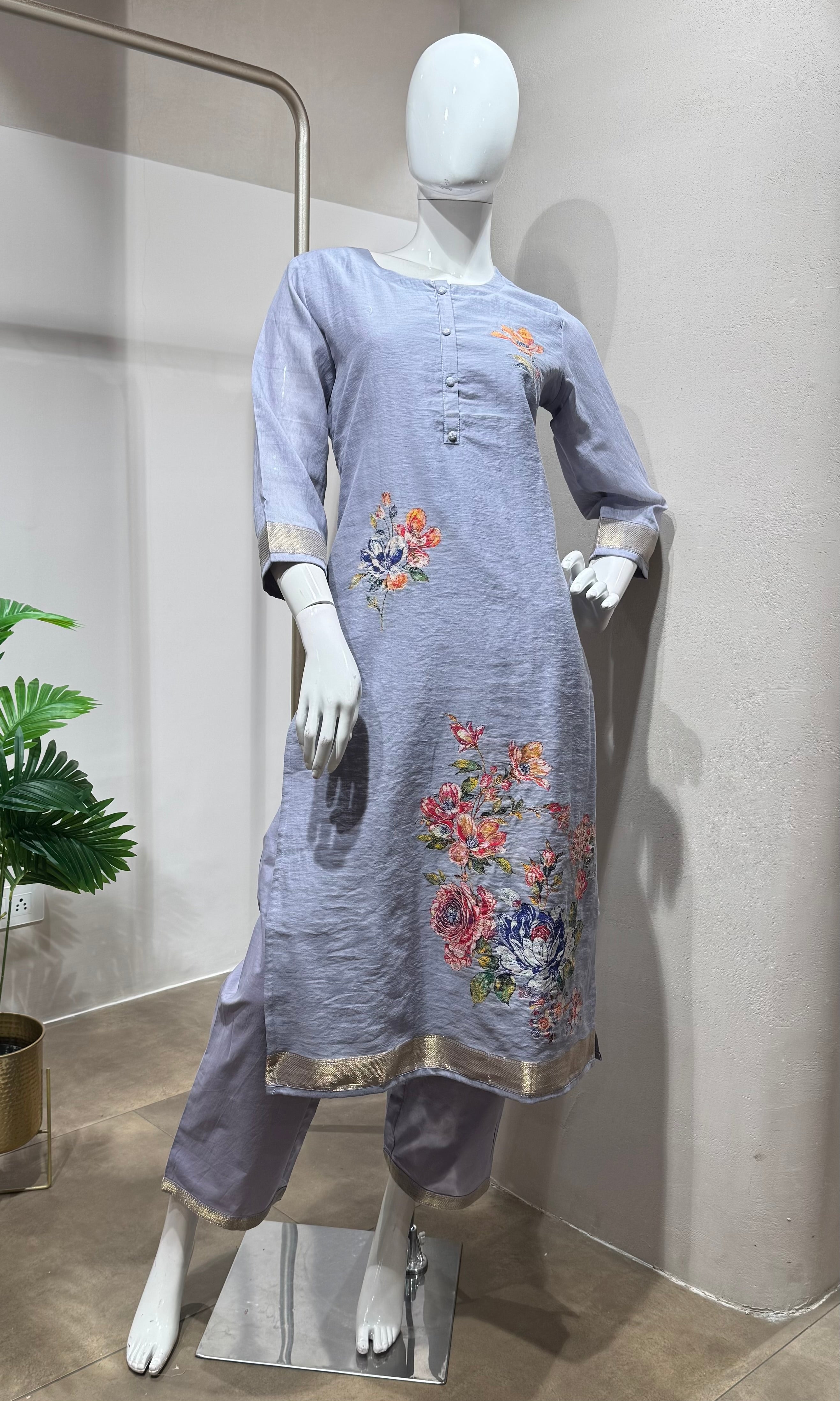 lilac Embroidered Straight Kurta set