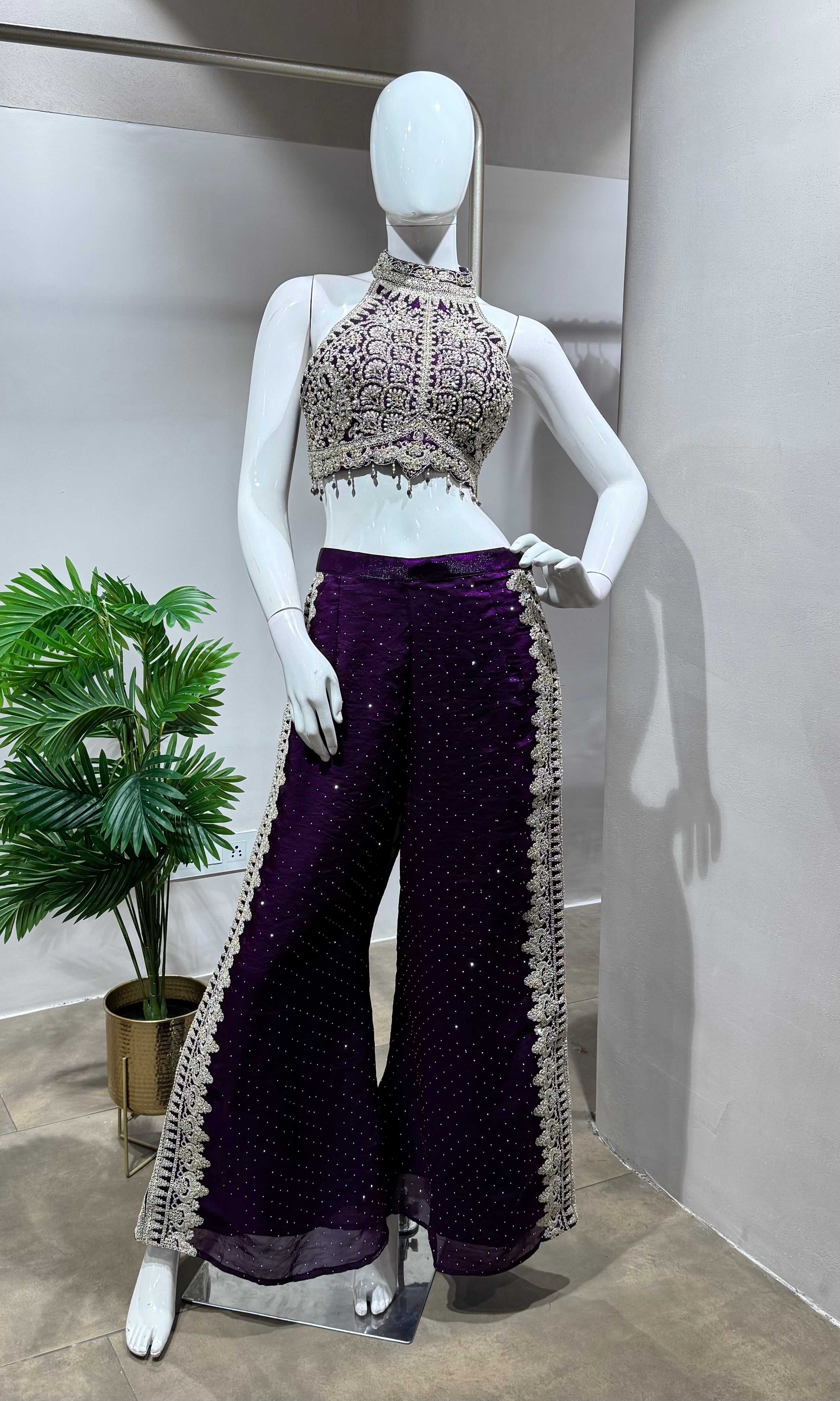 PURPLE EMBROIDERED HALTER CROP TOP PALAZZO SET