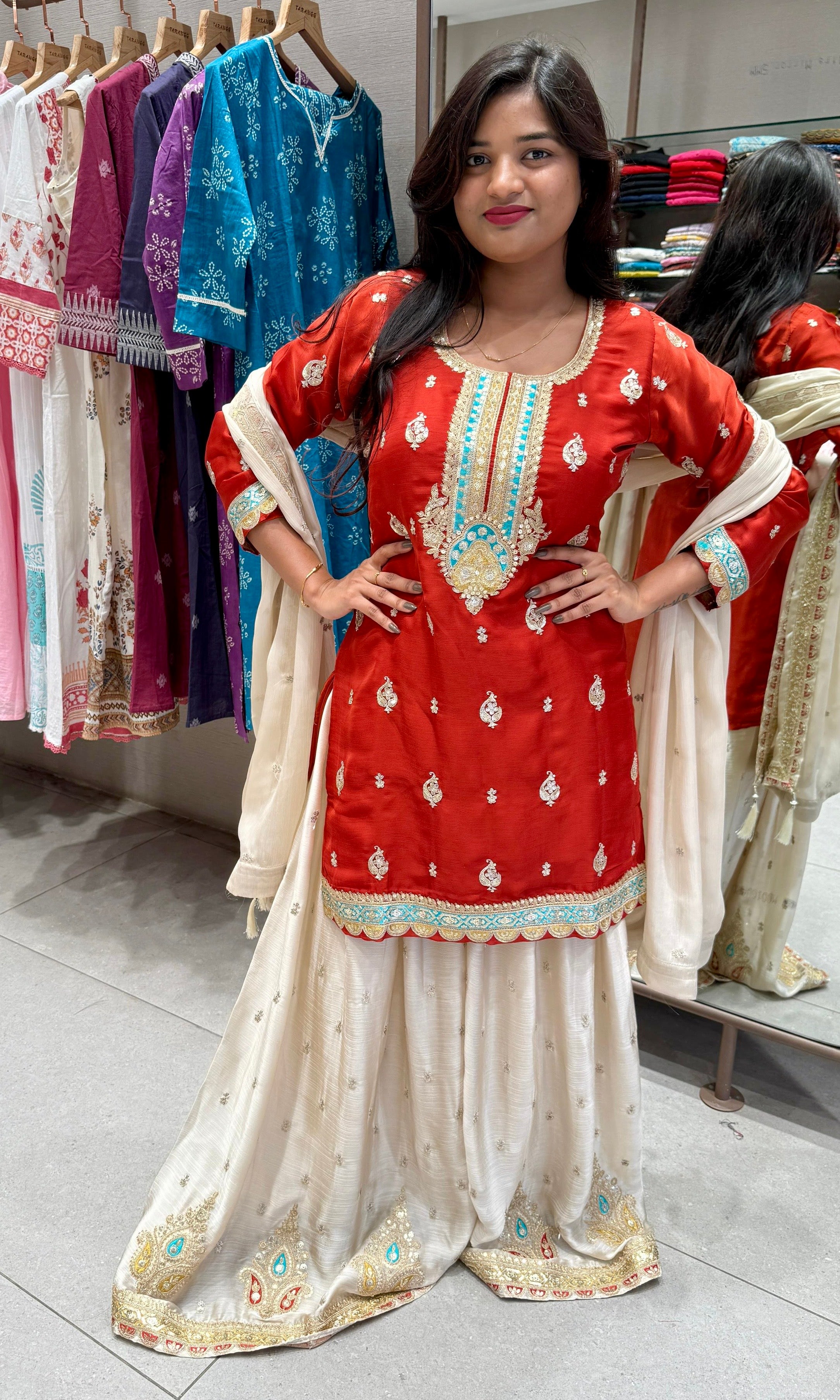 Rust and Ivory enbroidery Sharara Set with Dupatta