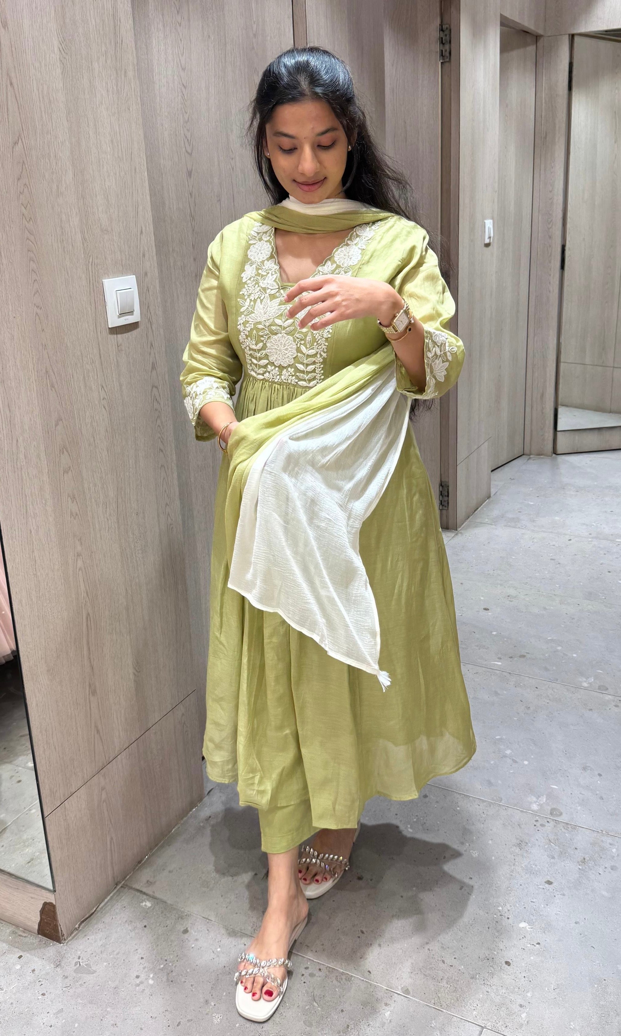 matcha green MUL CHANDERI anarkali kurta set