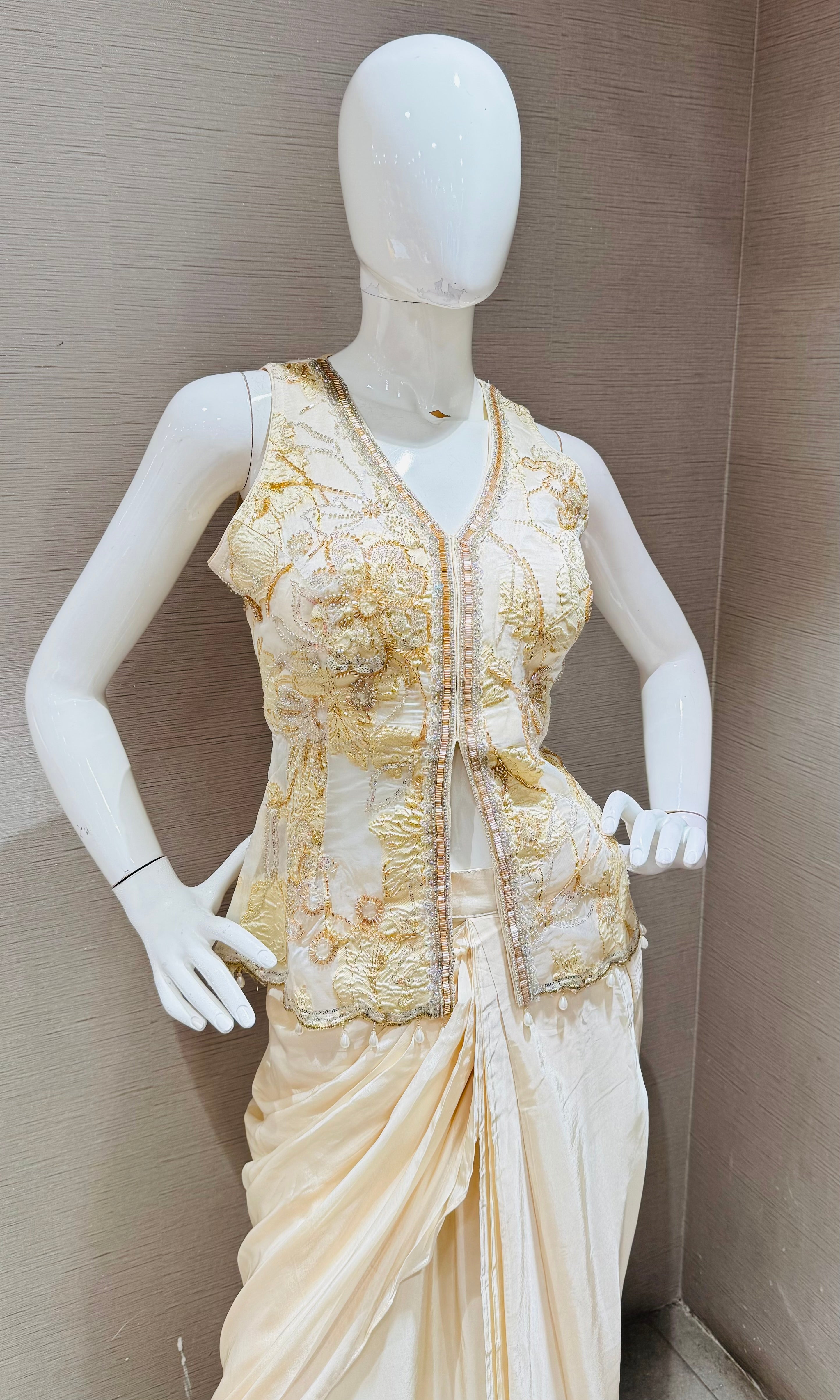 Cream gold embroidered jacket and draped skirt