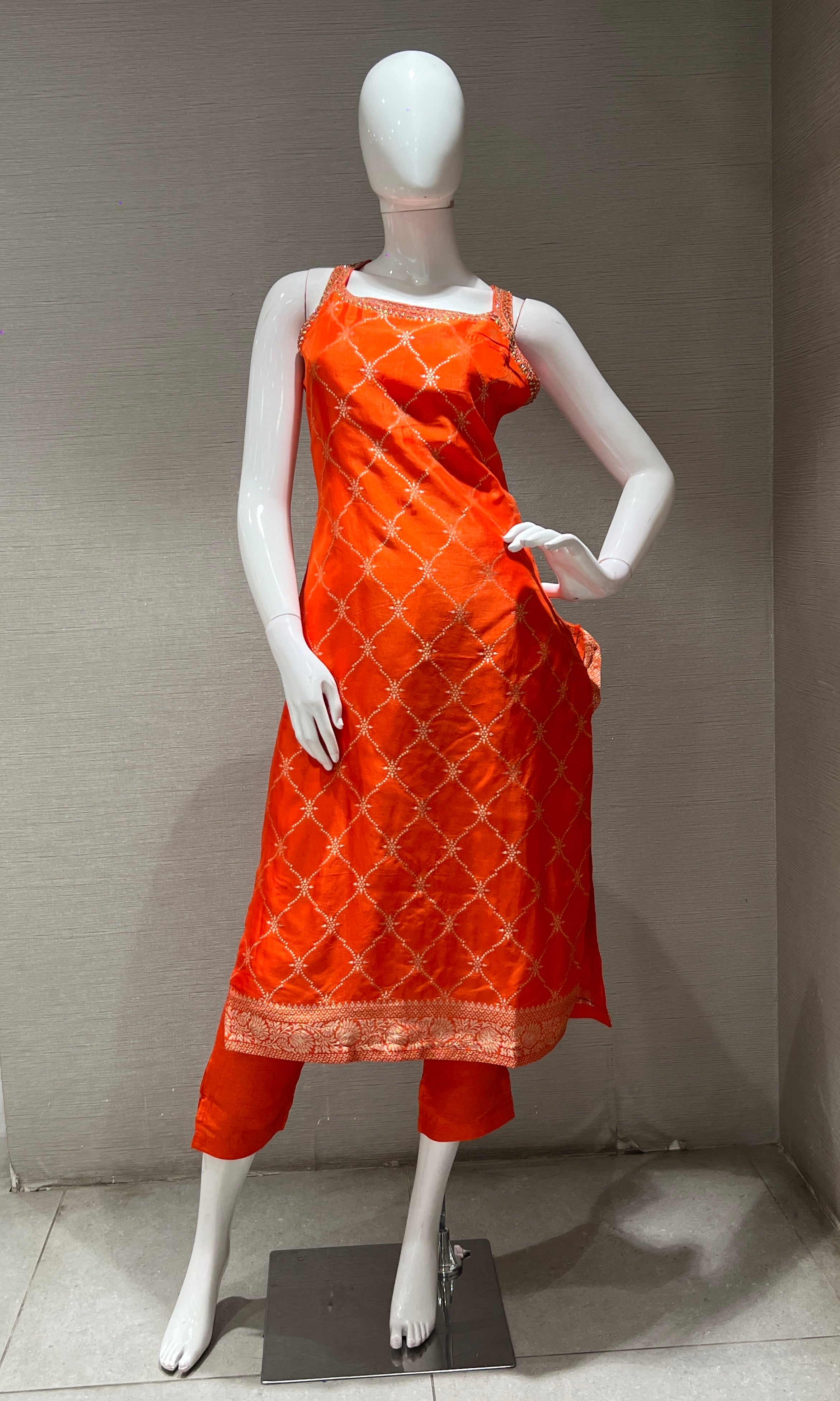orange and gold banarasi silk kurta set