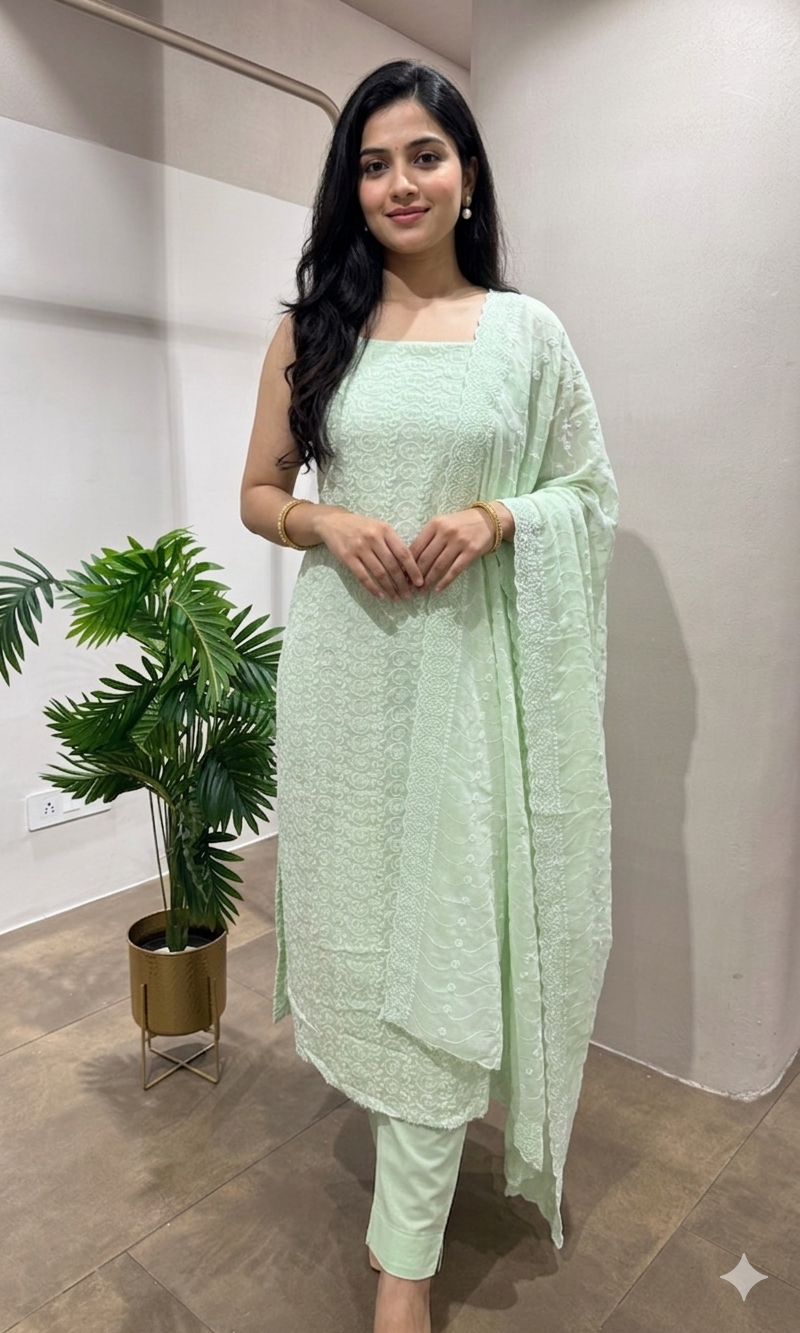 GREEN CHIKANKARI DRESS MATERIAL