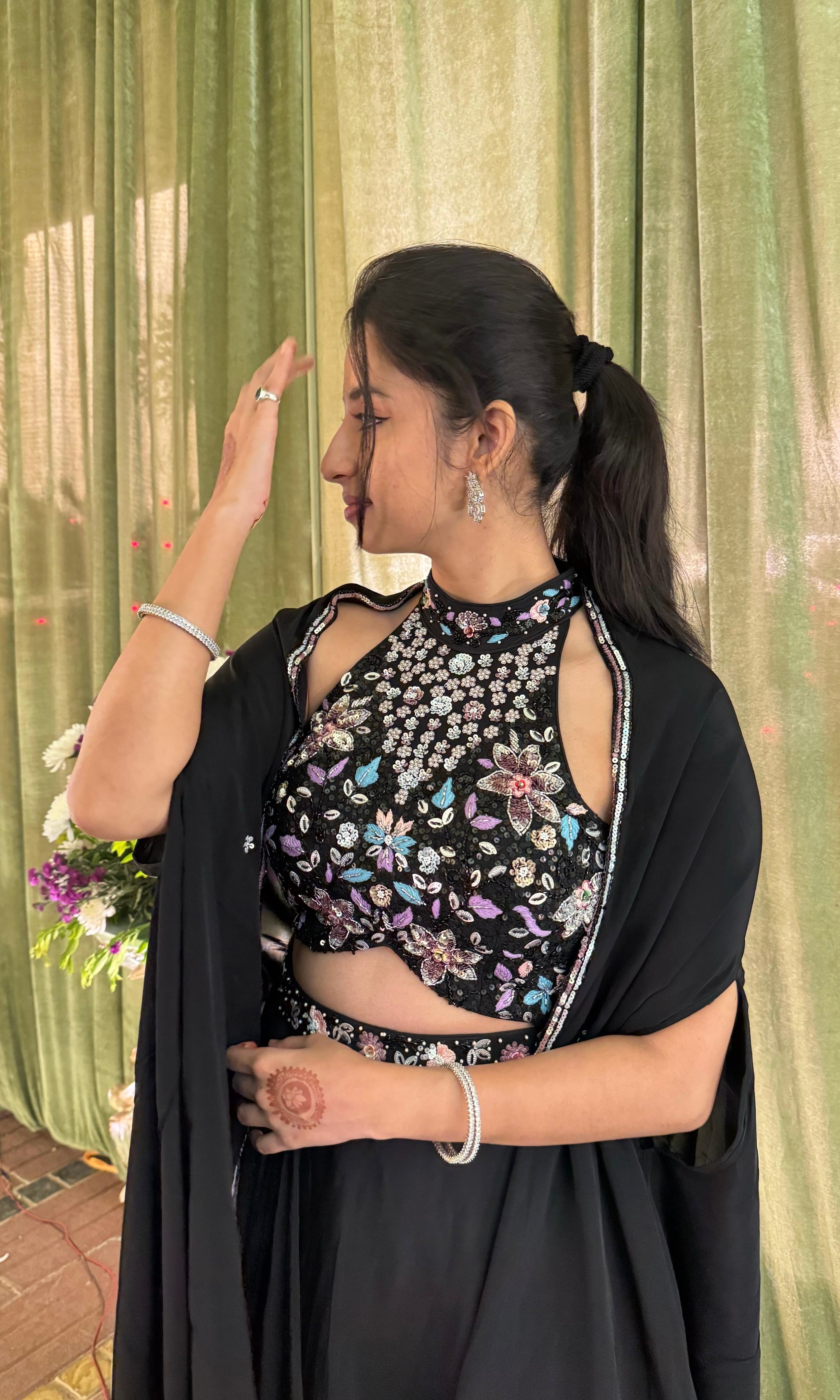 Black Embellished Halter NECK Lehenga WITH CAPE