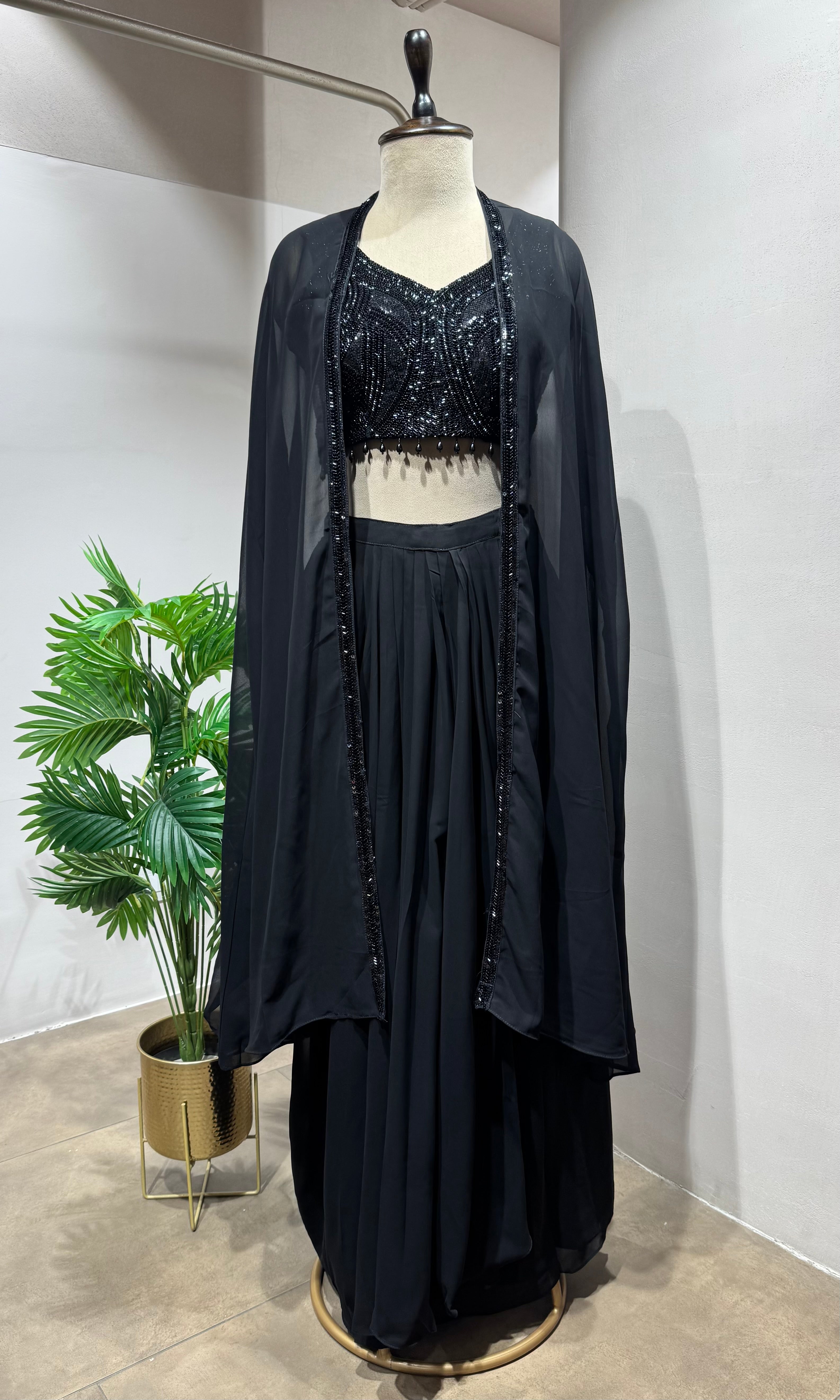 Black Embroidered Georgette Draped Skirt