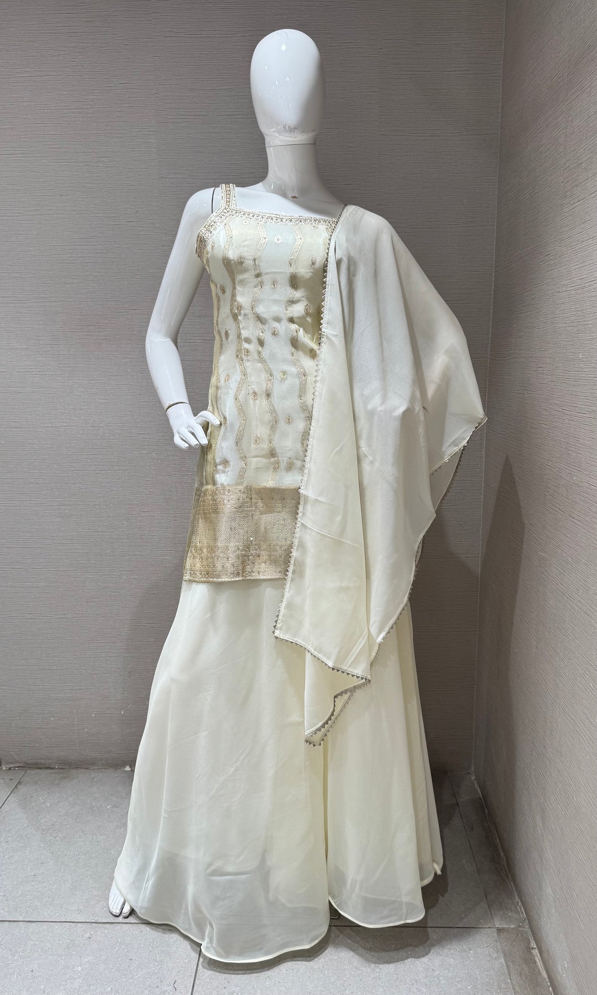 Cream Golden Embroidered Sharara set with Dupatta