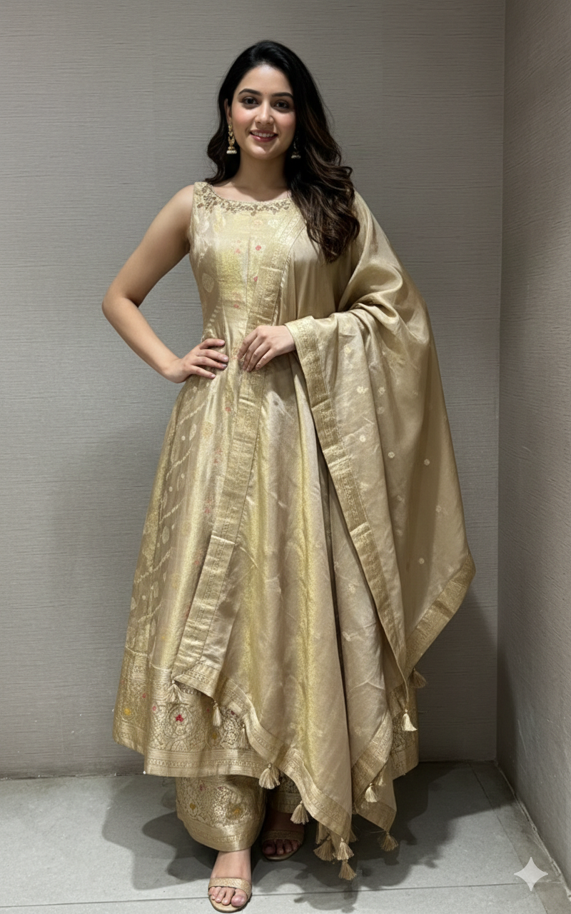 Beige Golden Anarkali Gown with Dupatta
