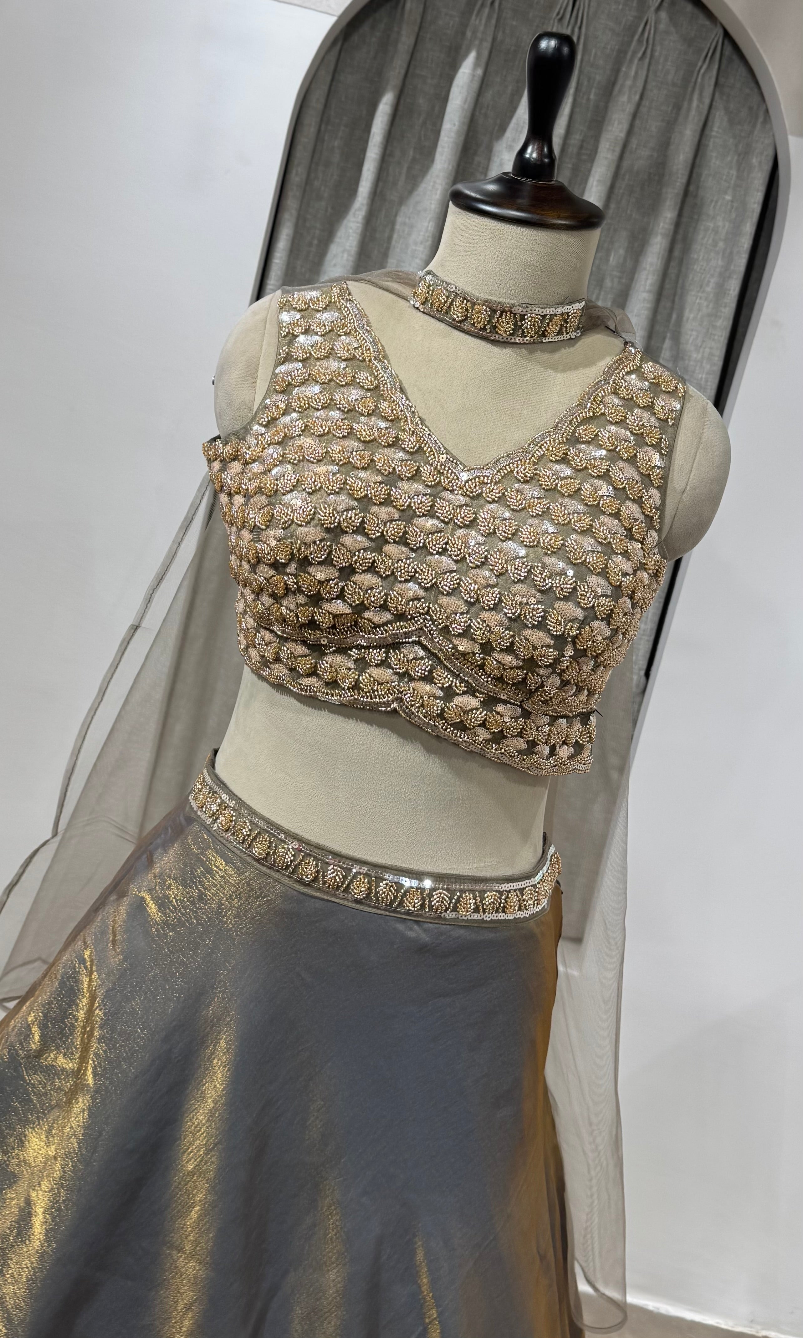 BROWN GOLDEN LEHENGA WITH EMBROIDERED BLOUSE