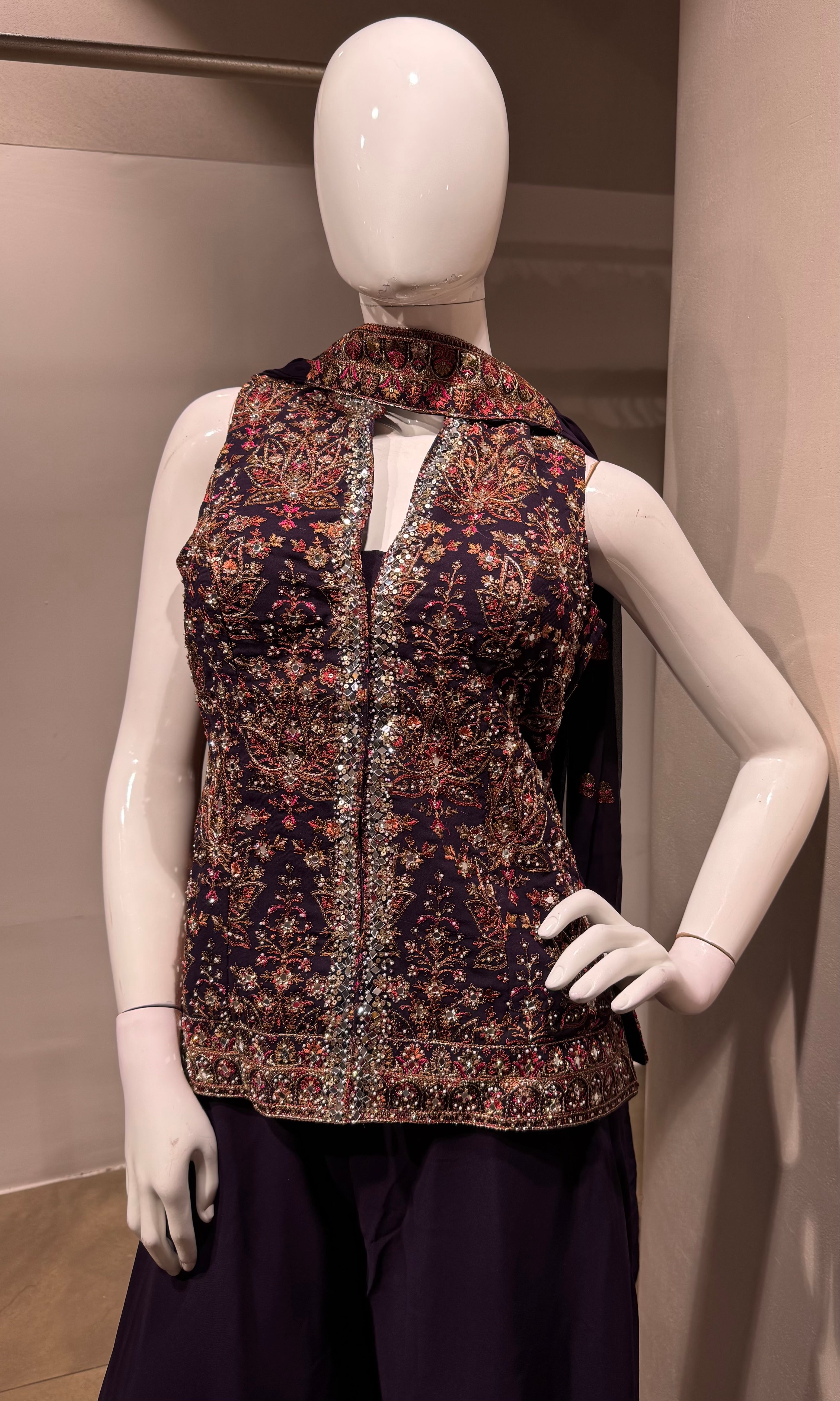 WINE embroidered georgette palazzo set