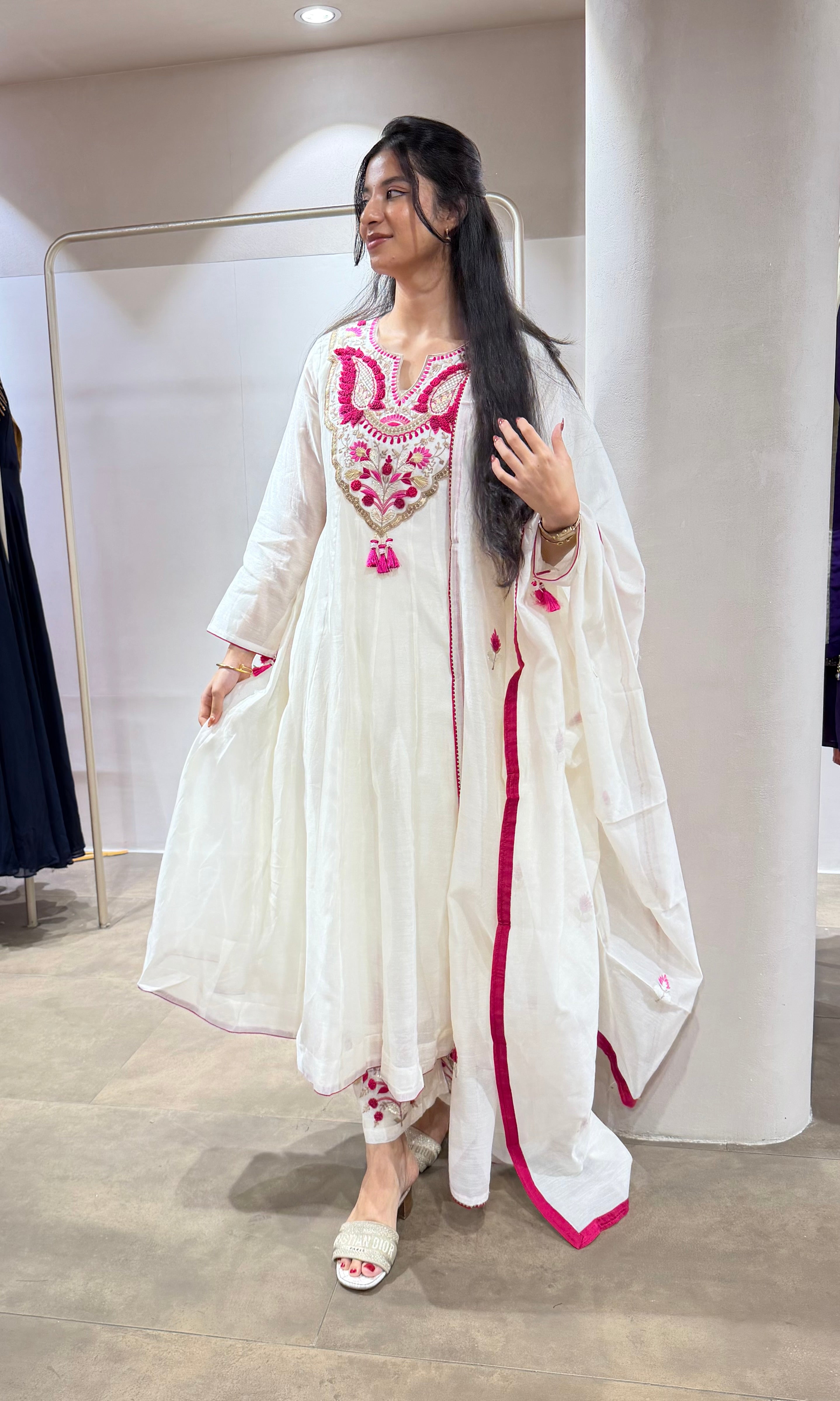 Half White Cotton Embroidery anarkali set