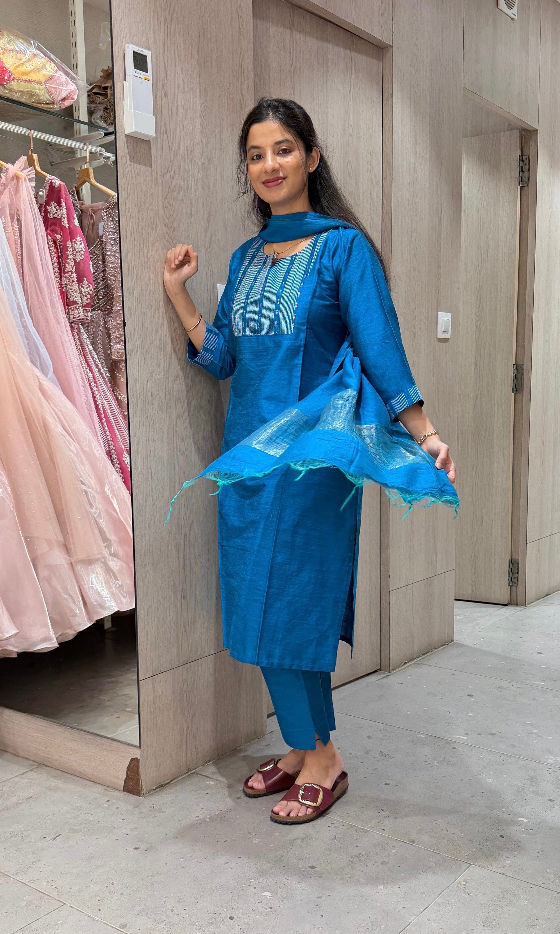 Blue Silk Straight Kurta Set with Dupatta