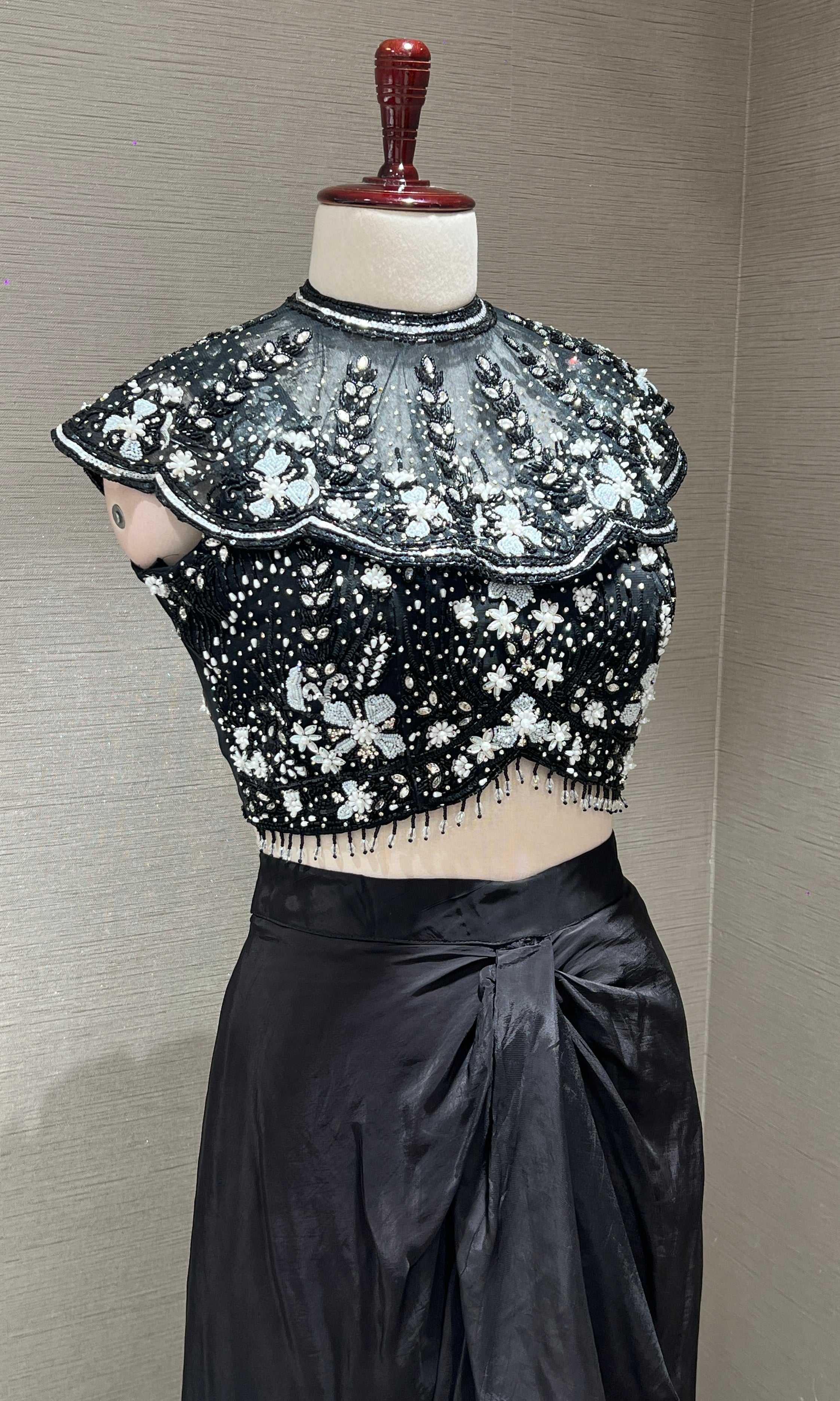 Black Crystal Sequin BLOUSE with Ruffle Drape Skirt