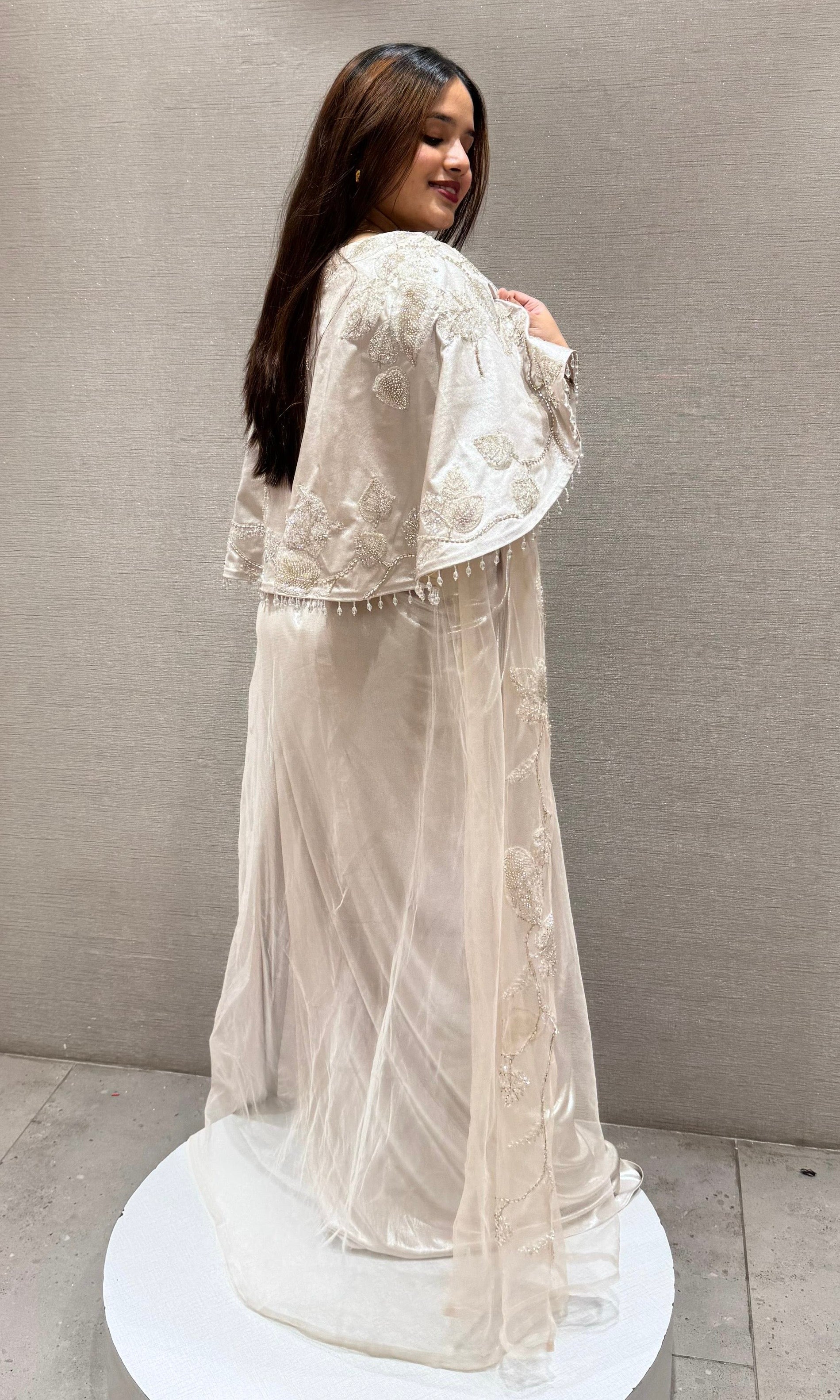 Ivory Embellished Drape Saree with Cape