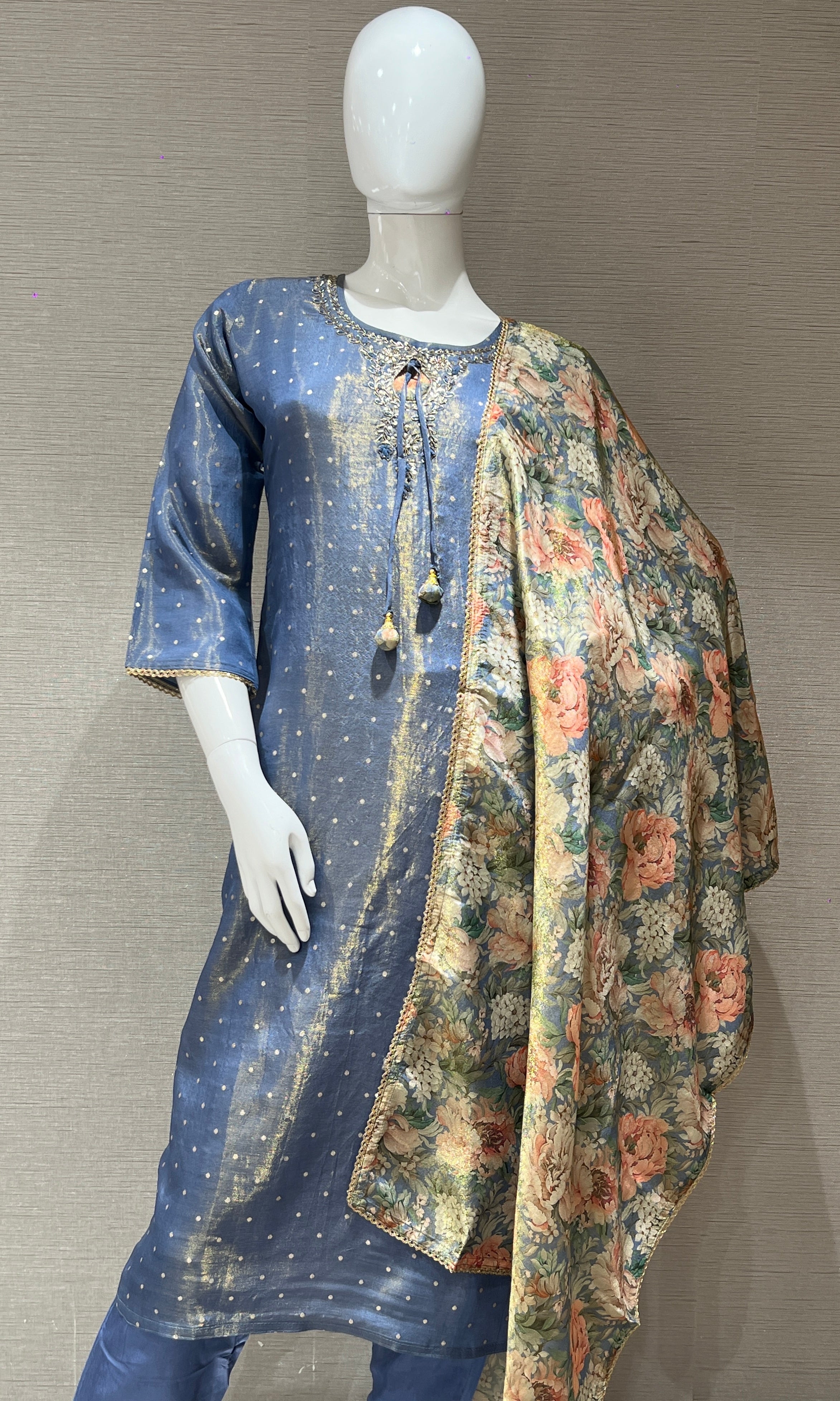 Light blue shimmer tissue kurta set