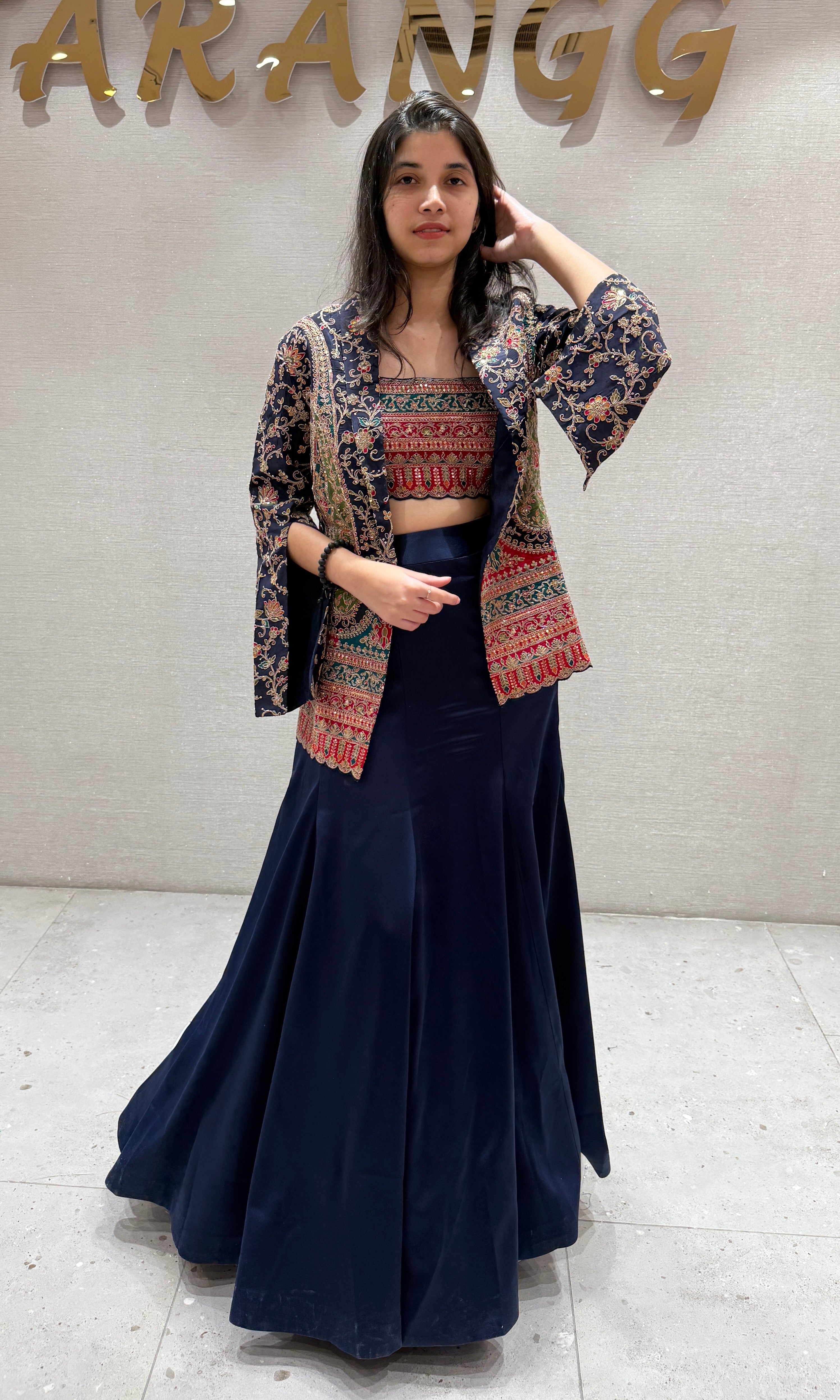 Navy Blue Skirt Set with Embroidered Jacket
