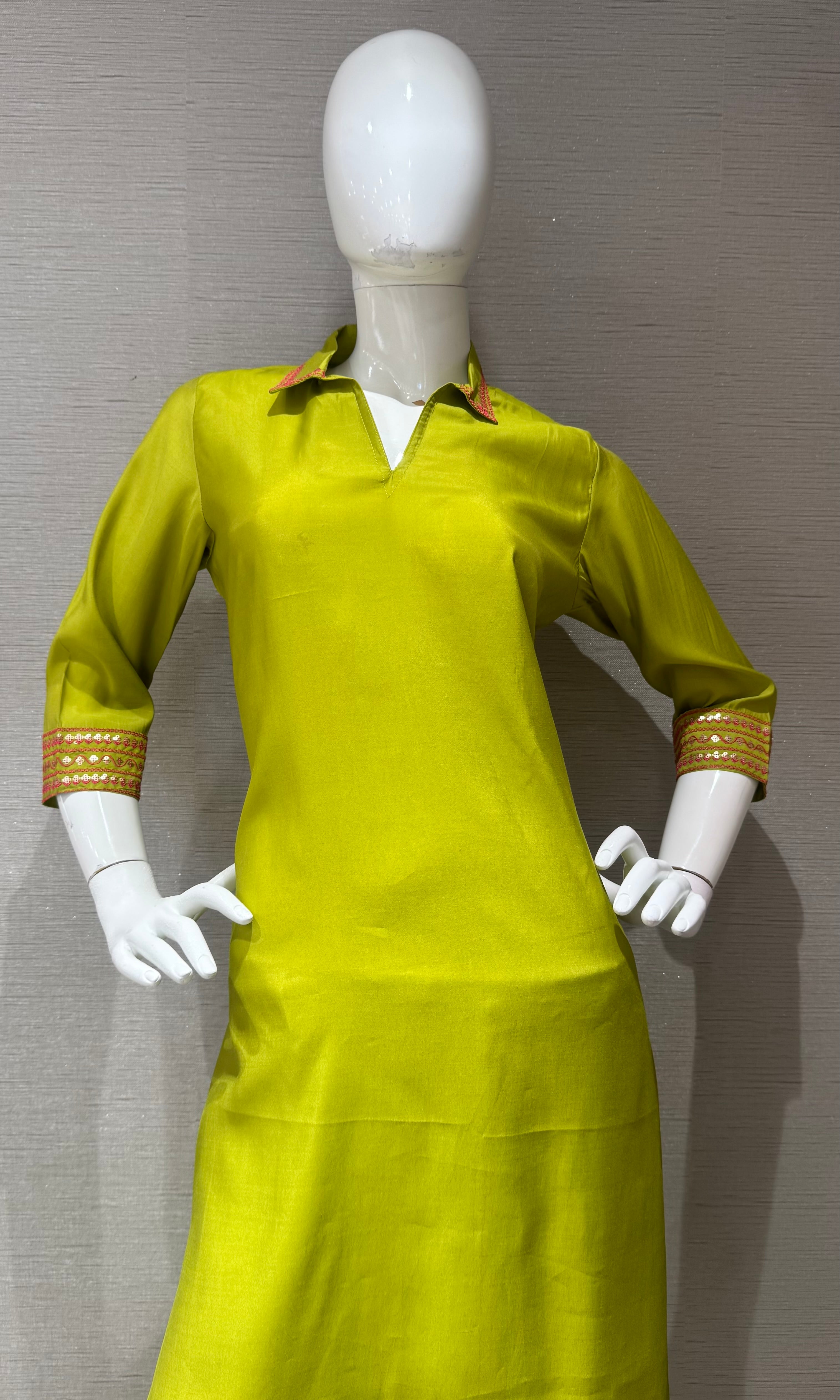 Lime Green Collar Neck Kurti with bottom