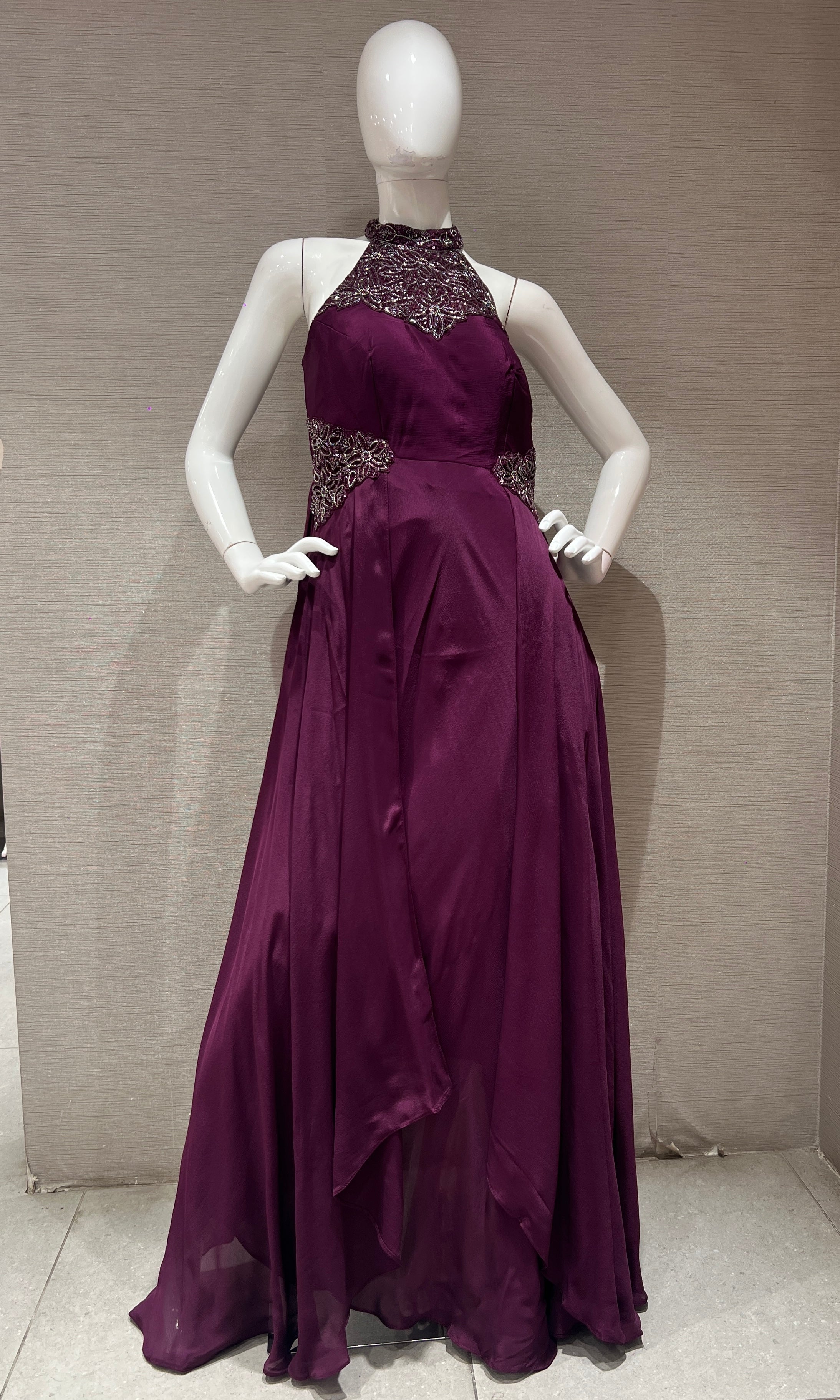 Burgundy Wine Embellished Halter Anarkali Frock