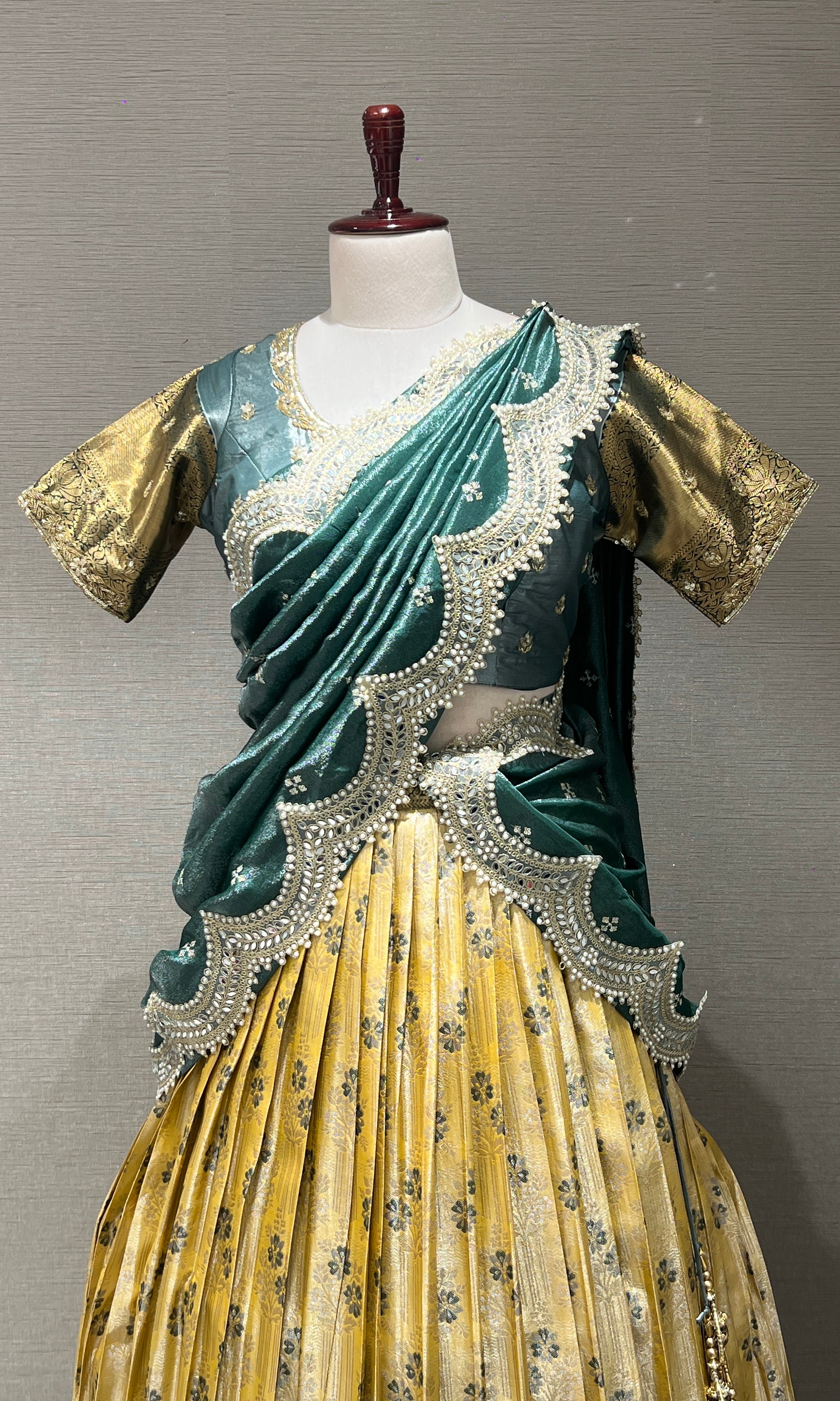 Green AND YELLOW FLORAL BANARASI LEHENGA