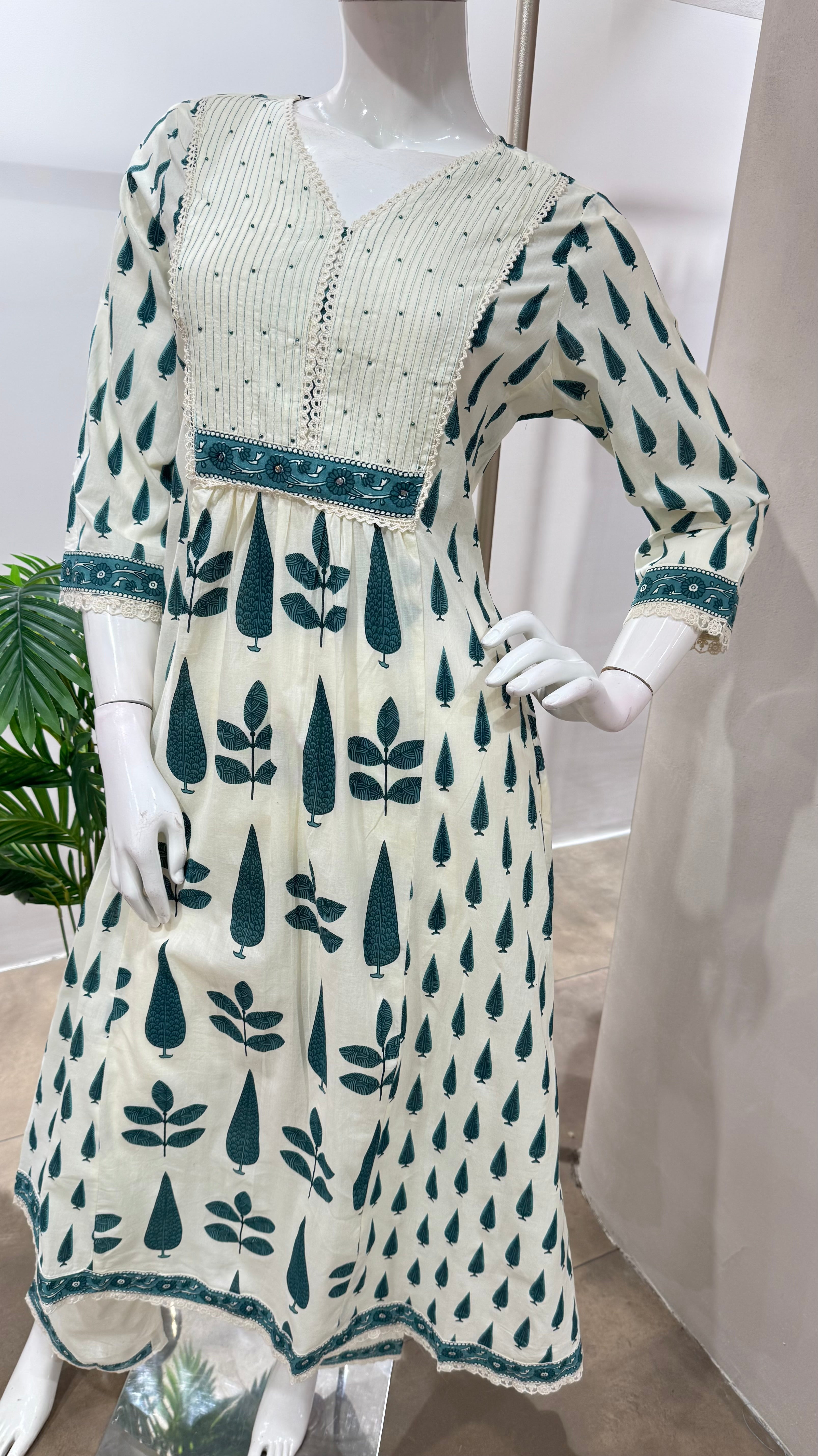 GREEN and white ethnic printed anarkali set