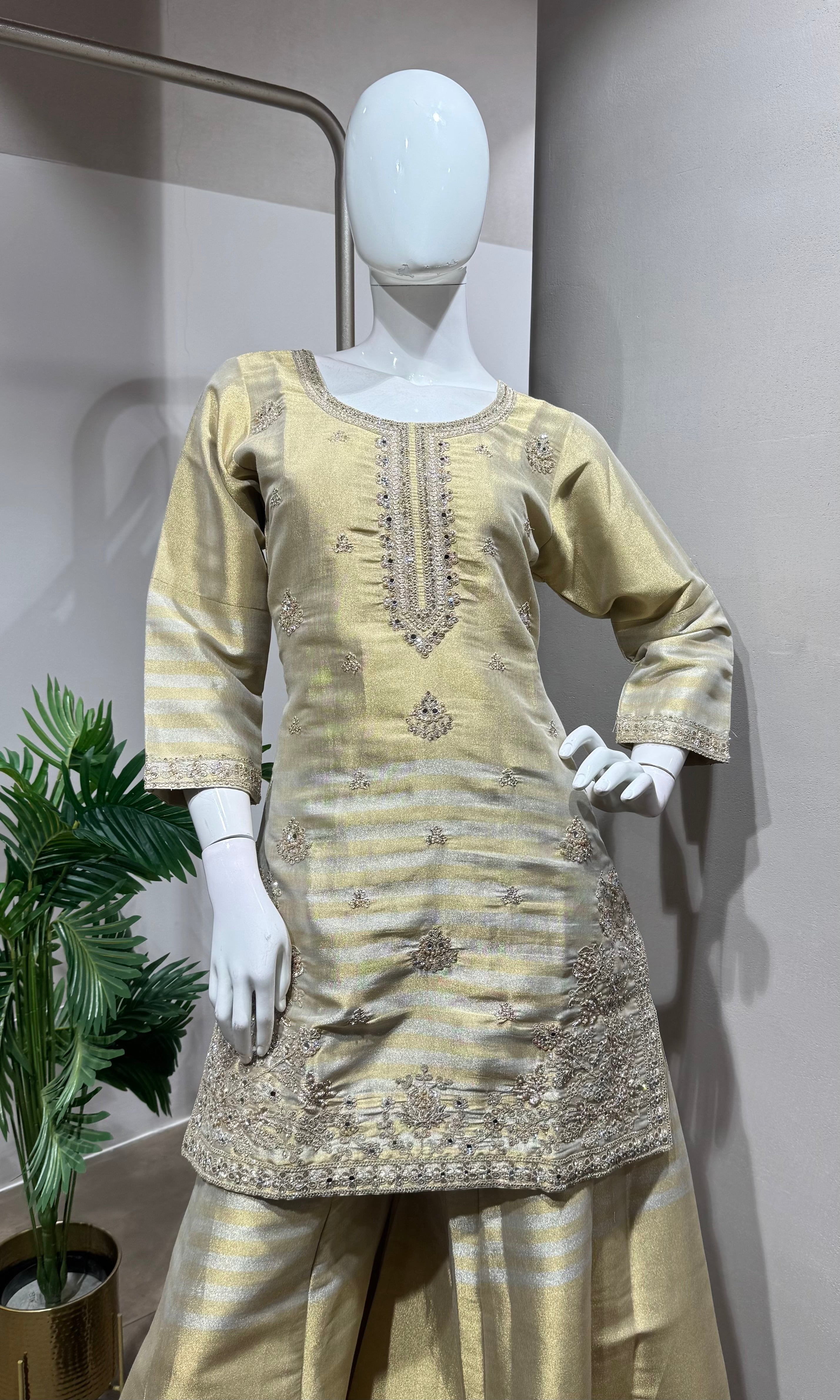 BOTTLE GREEN golden shimmer tissue sharara set