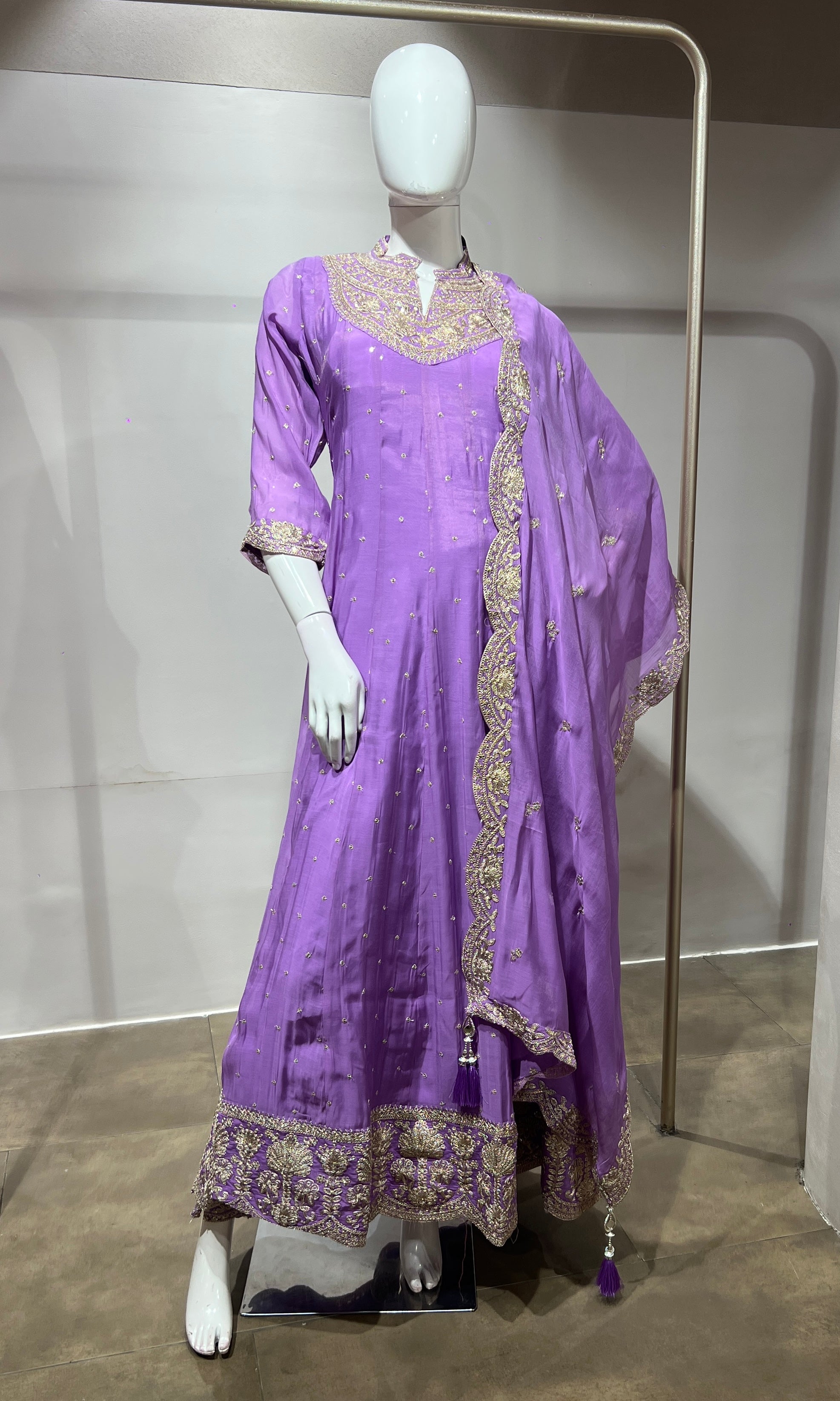 Lavender Silk Anarkali Suit Set with Scallop Dupatta