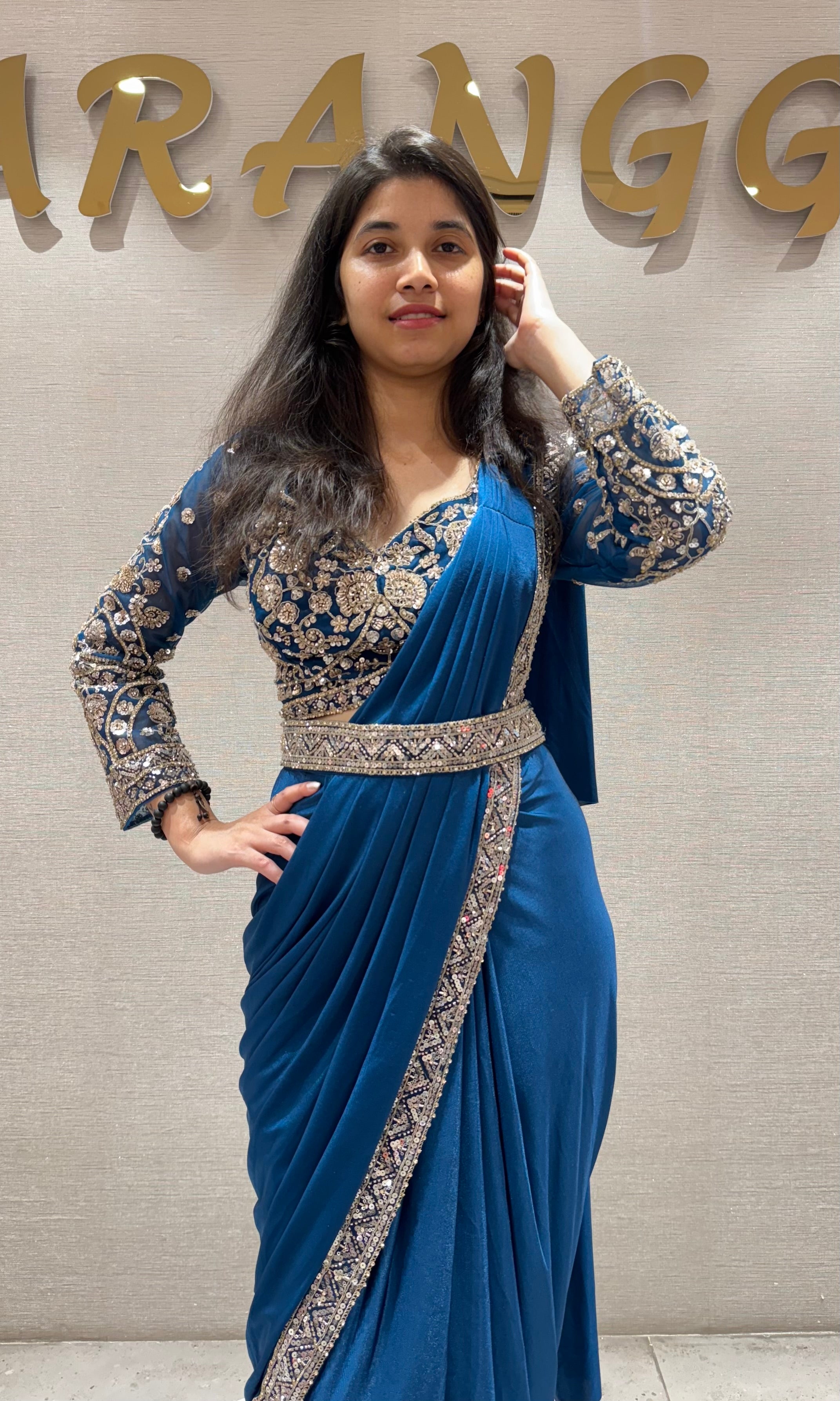 Blue drape saree WITH EMBROIDERED BLOUSE
