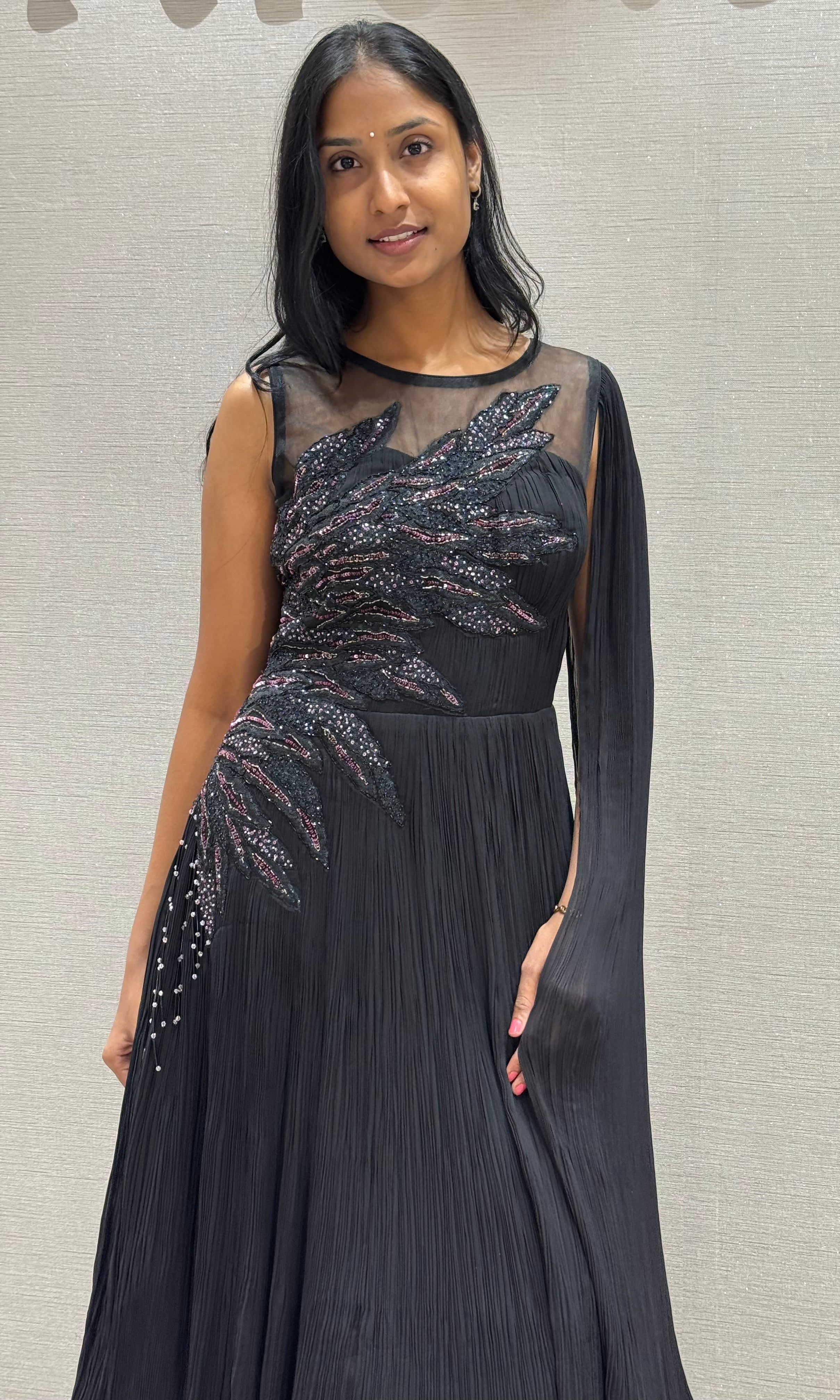 black gown Swarovski stone with flowing cape sleeve
